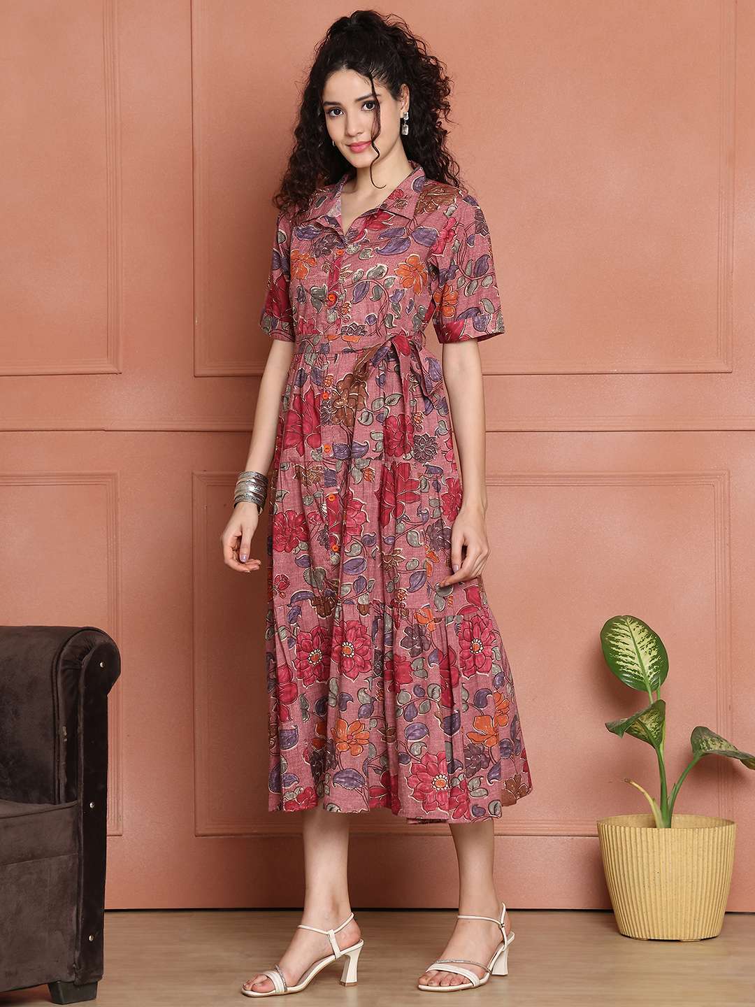 Women's Cotton Printed A-Line Midi Dress | Short Sleeve Flared Gown Dress (Pink)