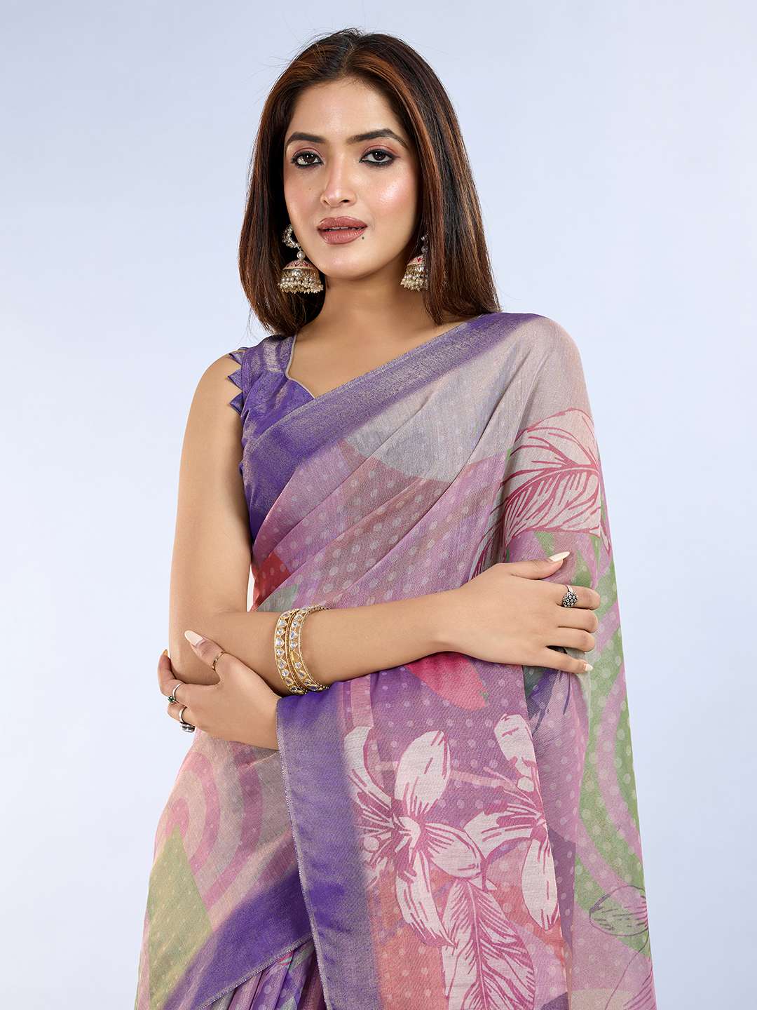 Elegant Teal Green and Mauve Pink Linen Saree with Geometric and Floral Prints - Image 4
