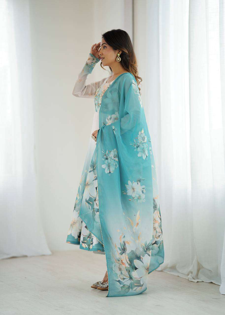 Womens Pure Romansilk Chanderi Floral Printed Anarkali Kurti With Dupatta & Pant Set - Image 3