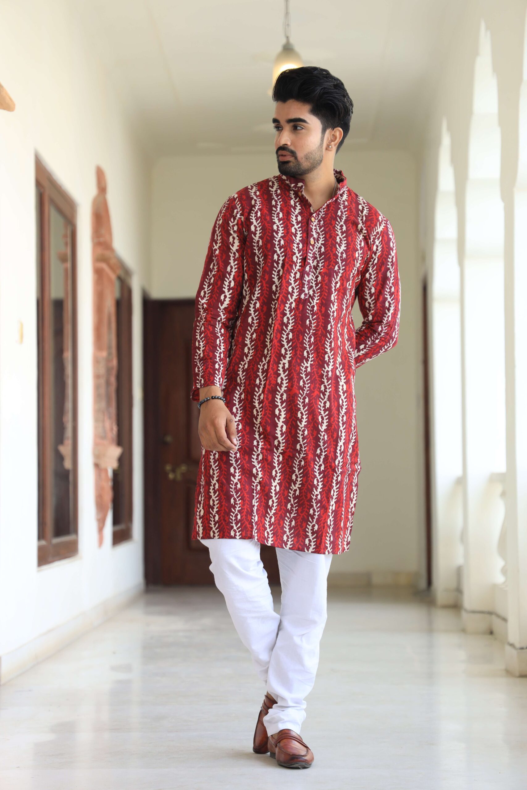 Mens Red Floral Printed Cotton Kurta with White Pajama ? Traditional Ethnic Wear for Festive & Wedding - Image 2