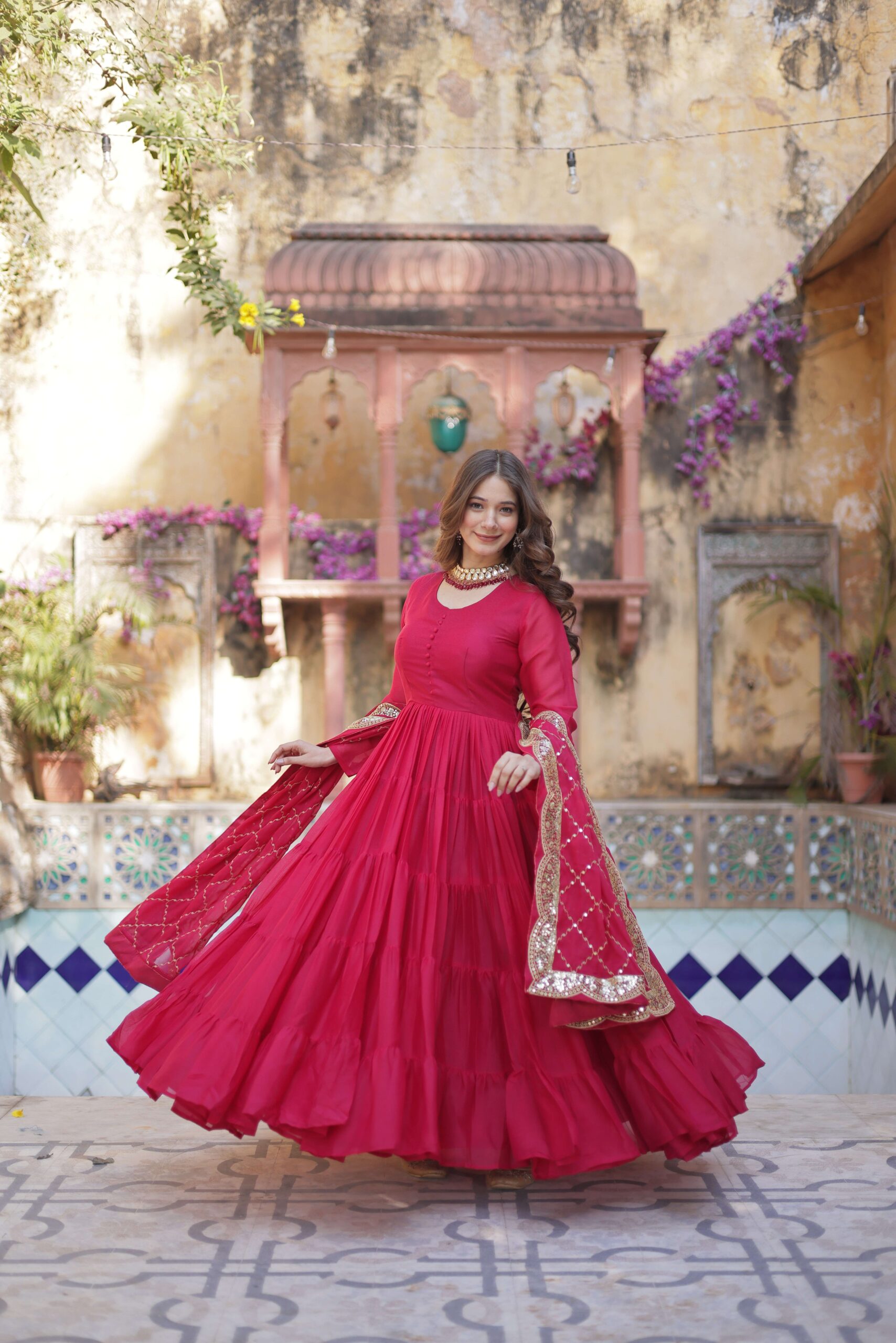 Pink Star Georgette Fully Flared Gown with Sequins Embroidered Dupatta