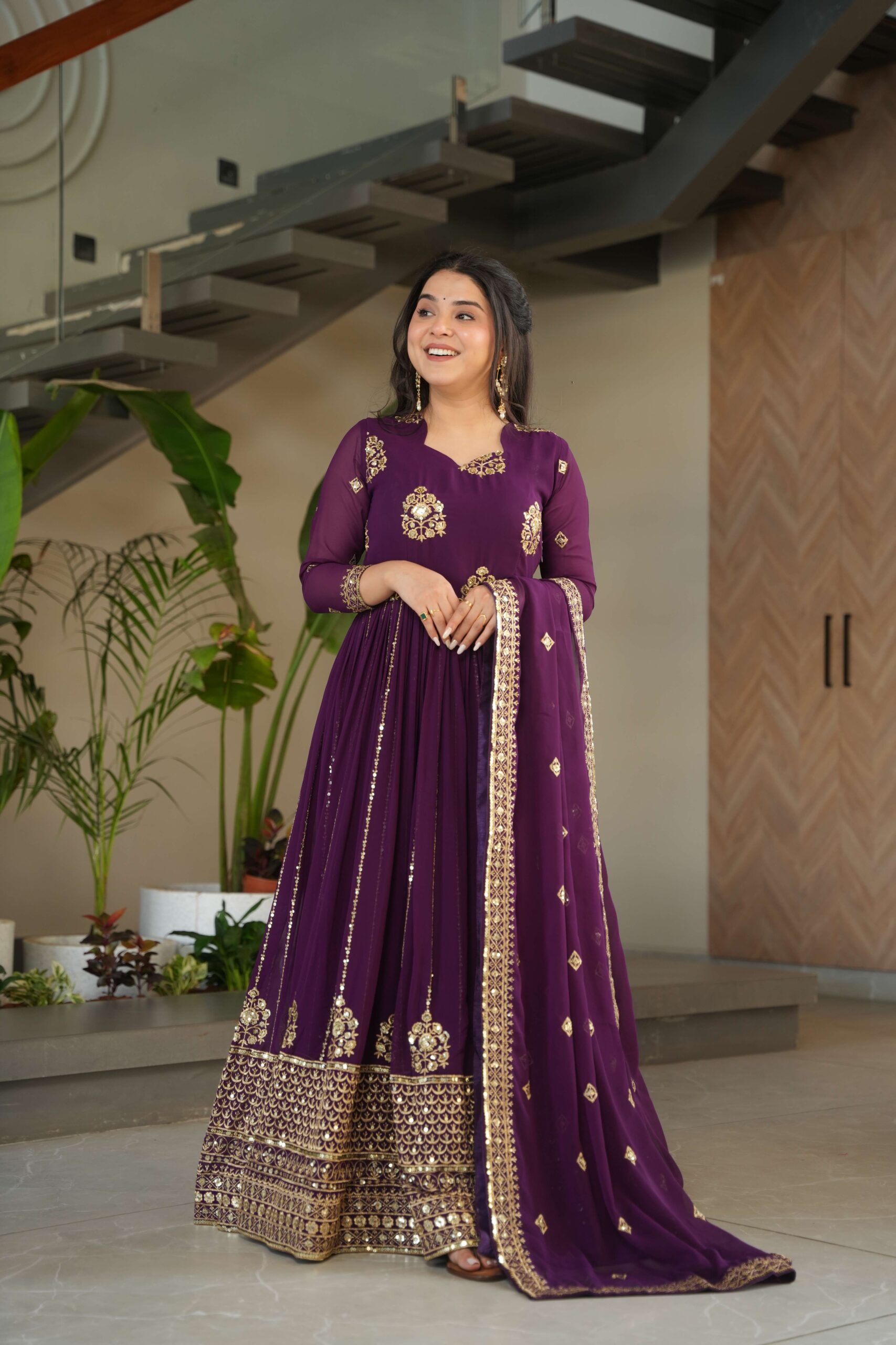Wine Premium Faux Blooming Designer Gown with Dupatta ? Zari & Sequins Embroidery for Elegant Ethnic Wear