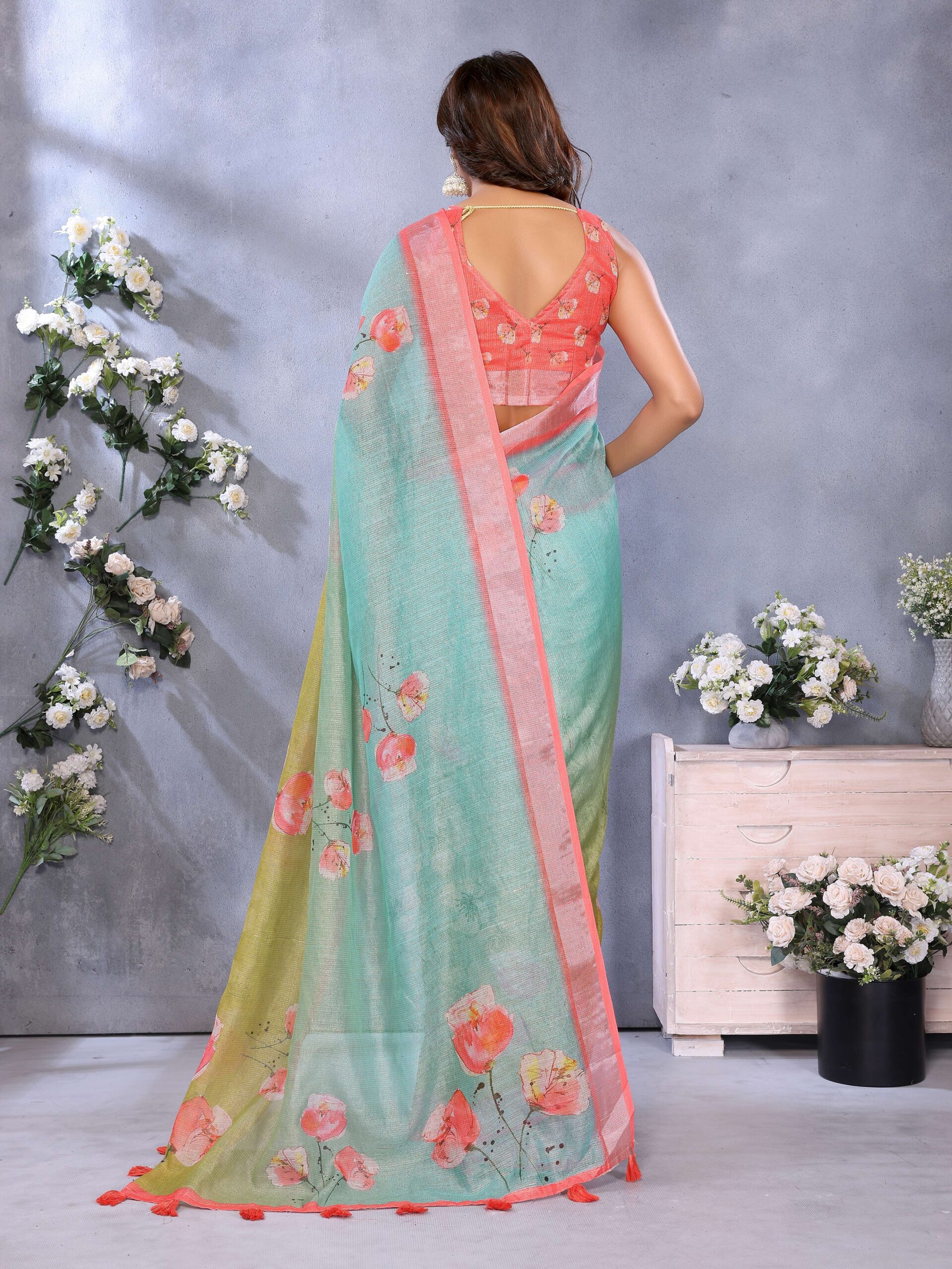 Green & Aqua Floral Print Linen Shimmer Saree - Image 5