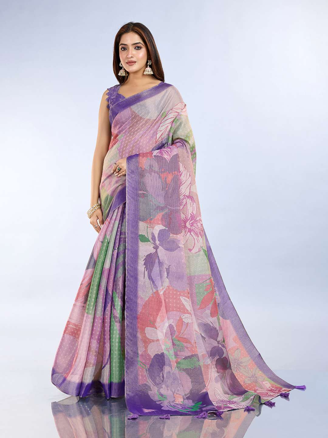Elegant Teal Green and Mauve Pink Linen Saree with Geometric and Floral Prints