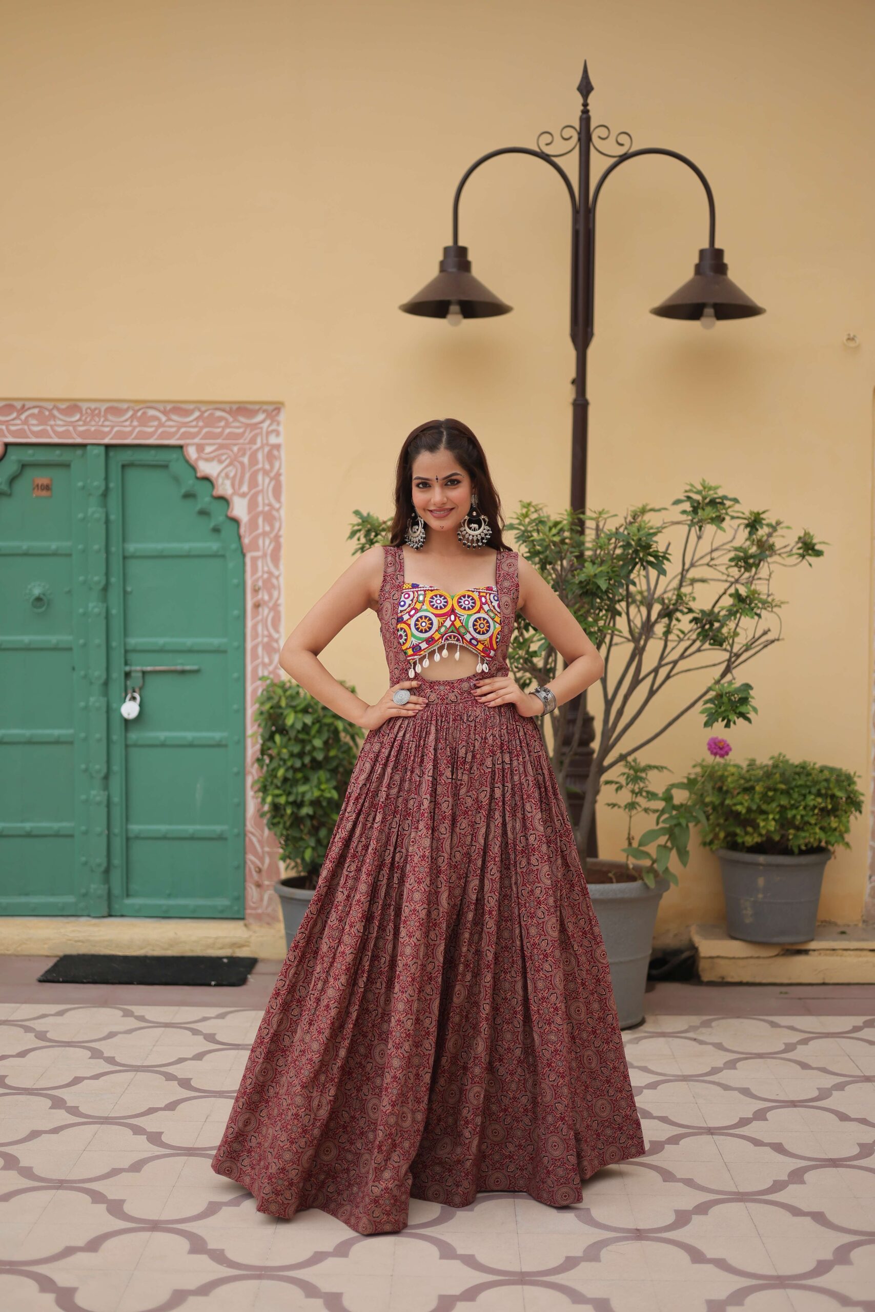 Maroon Faux Georgette Designer Gown ? Fully Flared Elegant Party & Wedding Set - Image 7