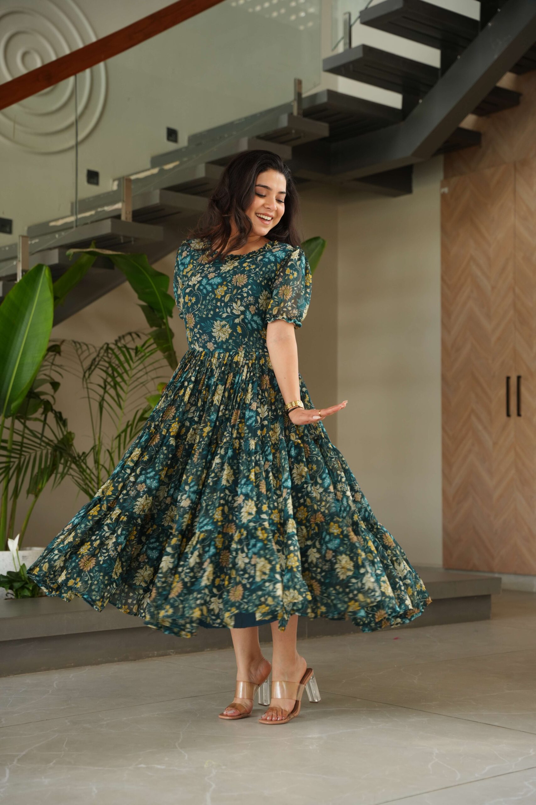 Green Premium Faux Georgette Printed Gown ? Half Sleeve, Full Flair - Image 7