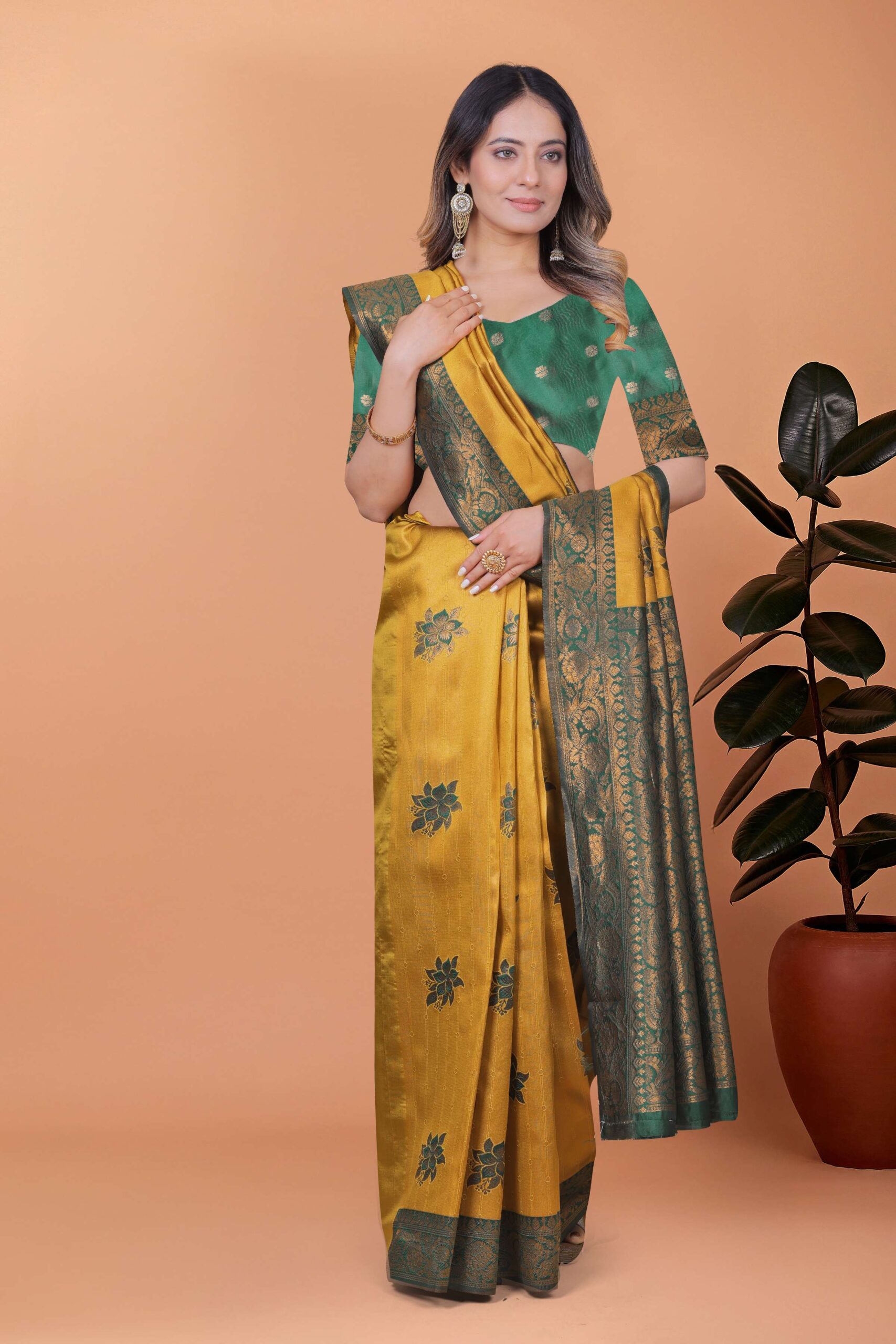 Golden Mustard Banarasi Silk Saree with Bottle Green Floral Accents & Blouse | Wedding, Haldi, Festive & Party Wear - Image 6