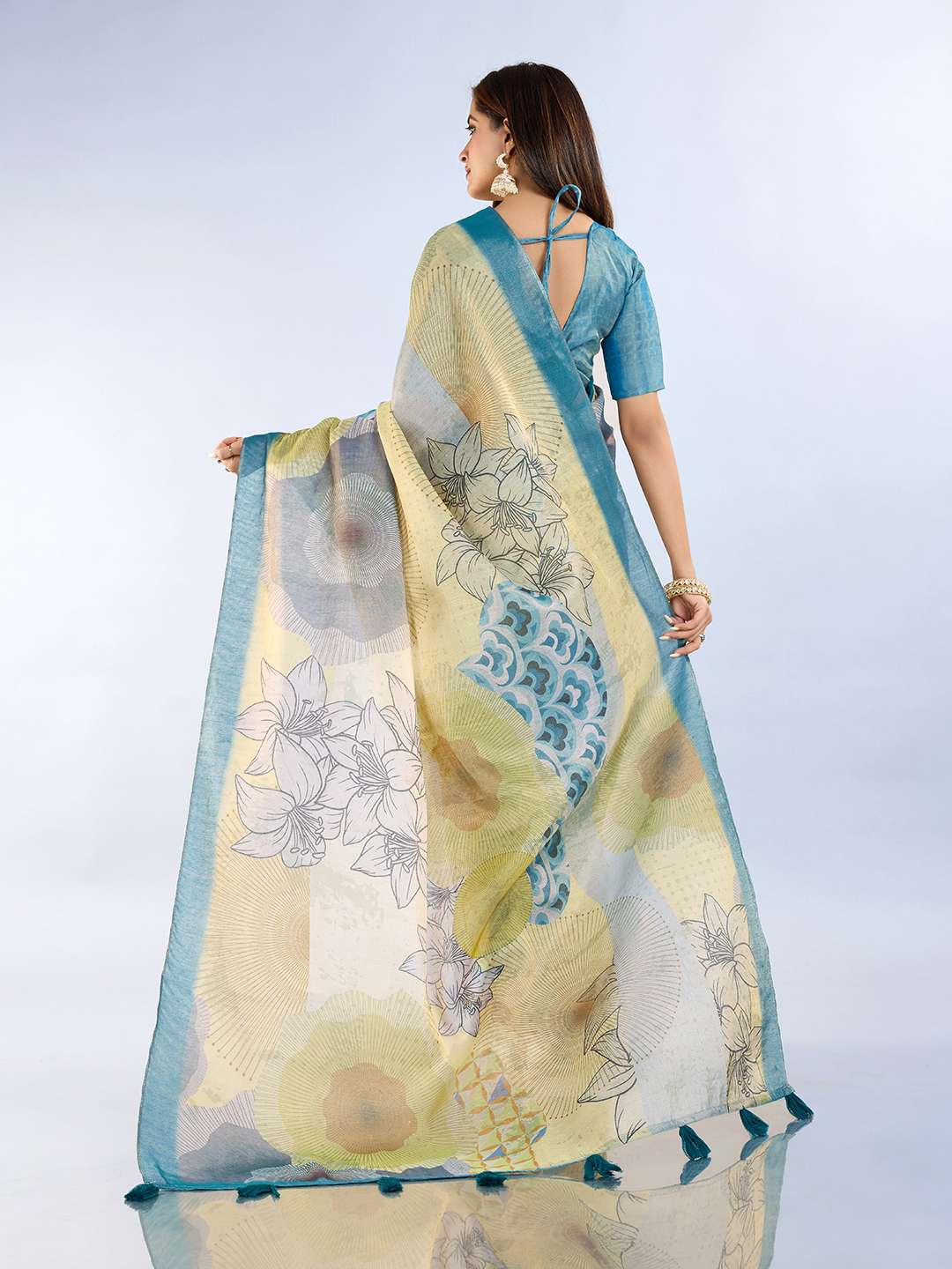 Elegant Teal Green and Mauve Pink Linen Saree with Geometric and Floral Prints - Image 2
