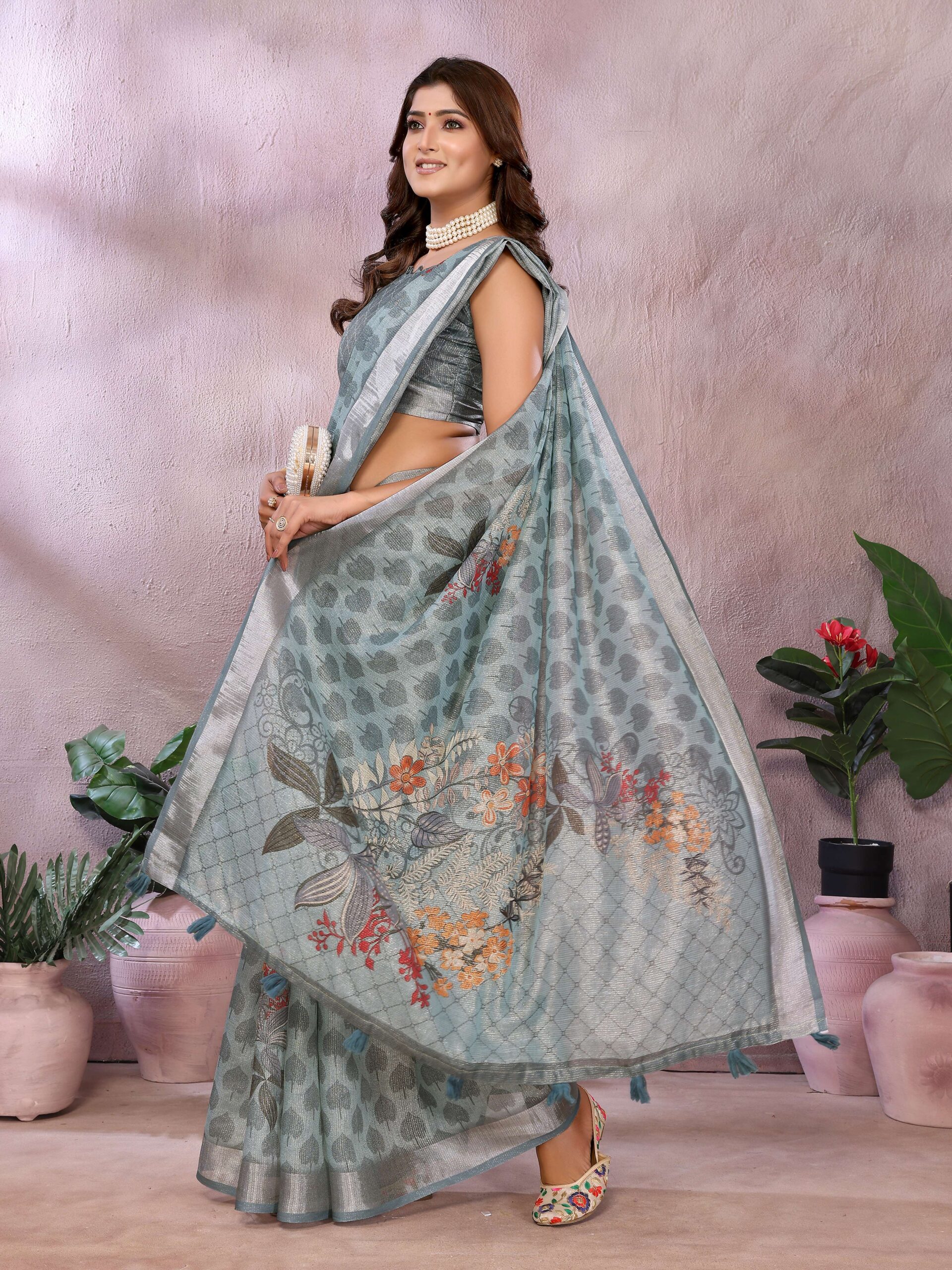 Aqua Blue Woven Floral Saree with Brocade Border