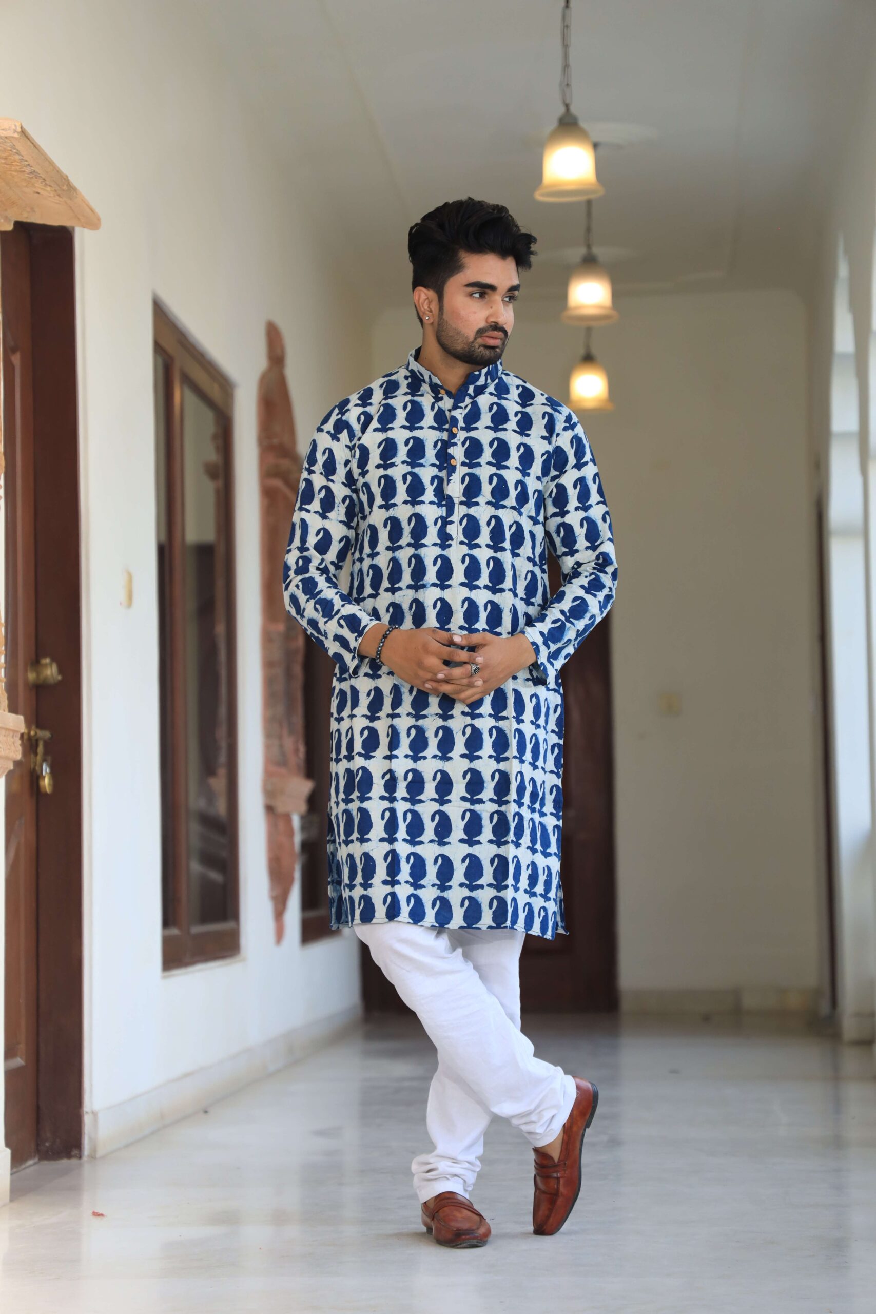 Mens White and Blue Printed Cotton Kurta with White Pajama ? Trendy Festive & Casual Wear