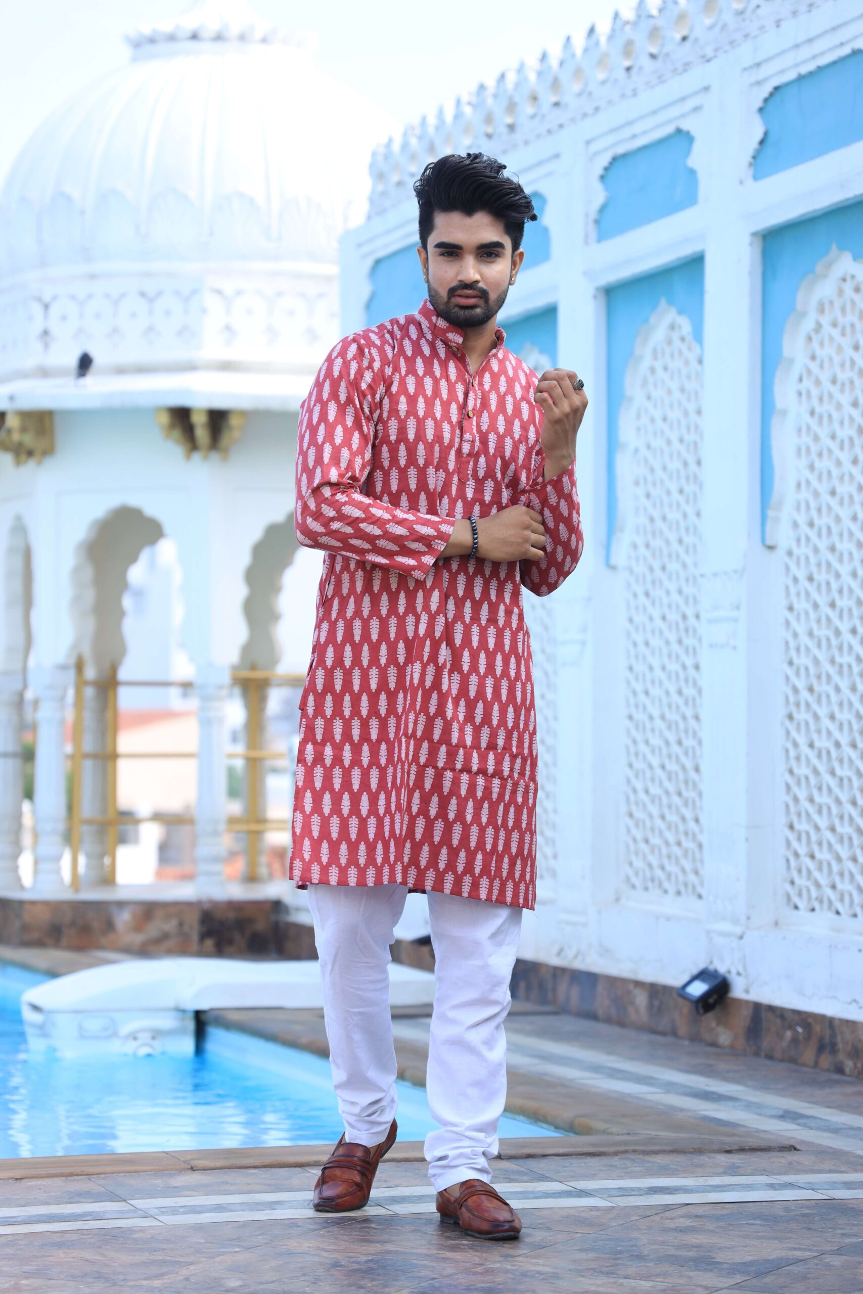 Mens Red Printed Cotton Kurta with White Pajama ? Traditional Ethnic Wear for Festive & Wedding - Image 4