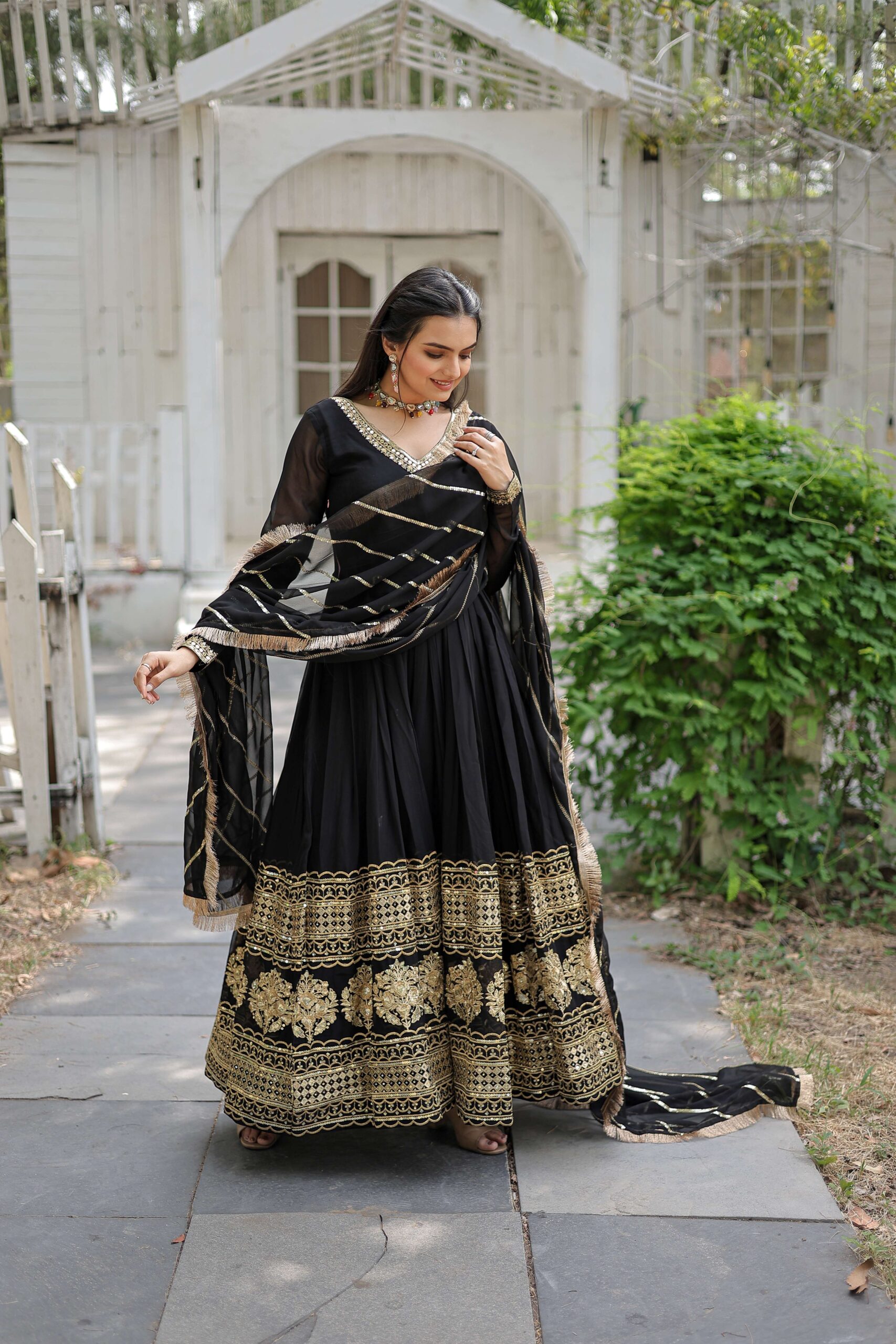 Black Faux Blooming Designer Gown with Sequined Dupatta & Lace Border ? Premium Ready-to-Wear Set - Image 2