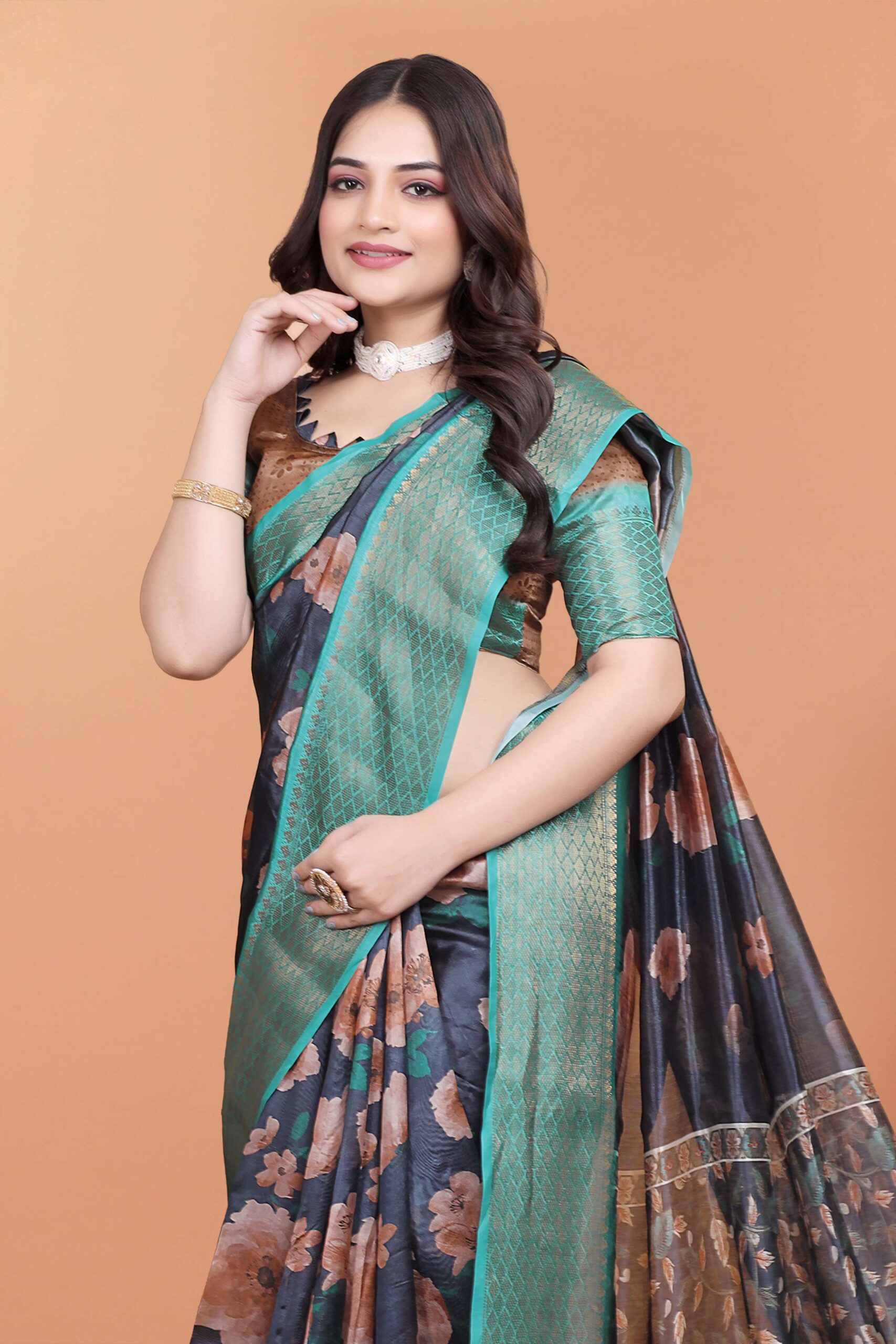 Midnight Blue Soft Silk Saree with Peach Floral Print & Aqua Zari Border - Image 5