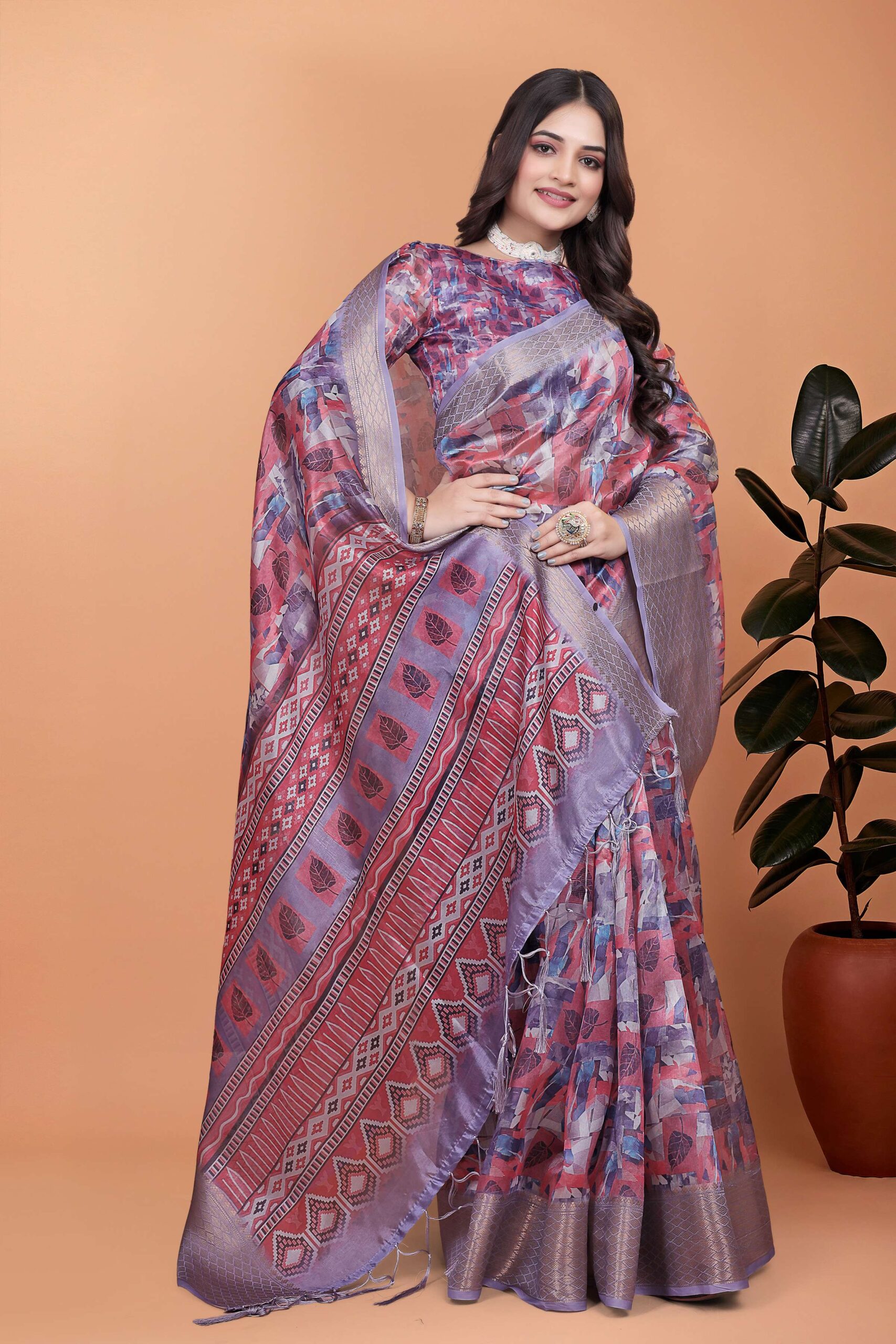 Refreshing Mint Green Linen Cotton Saree with Pink Floral Prints - Image 4