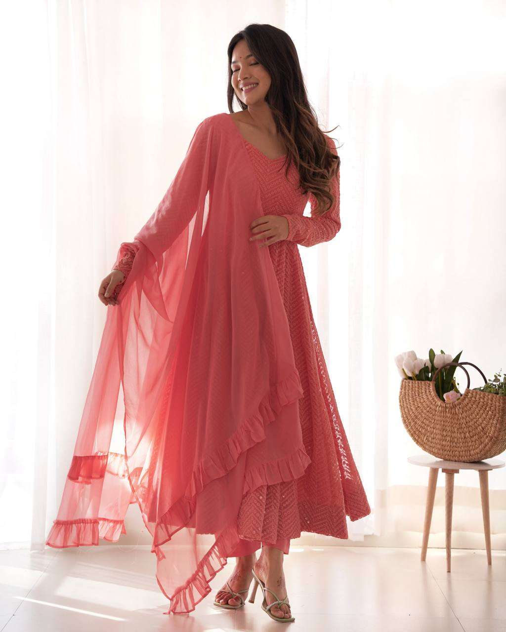 Womens Pure Romansilk Chanderi Embroidered Anarkali Kurti With Dupatta & Pant Set - Image 7