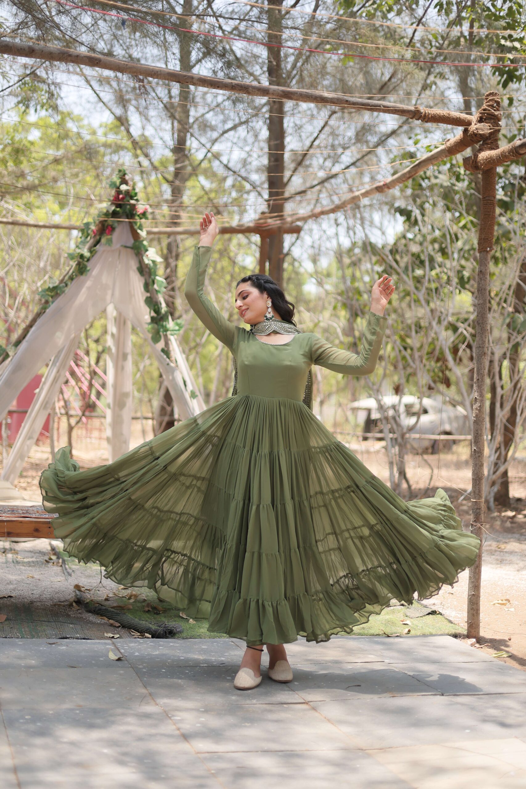 Mehandi Premium Faux Georgette Designer Gown with Sequined Dupatta ? Fully Flaired Ready-to-Wear Set - Image 4