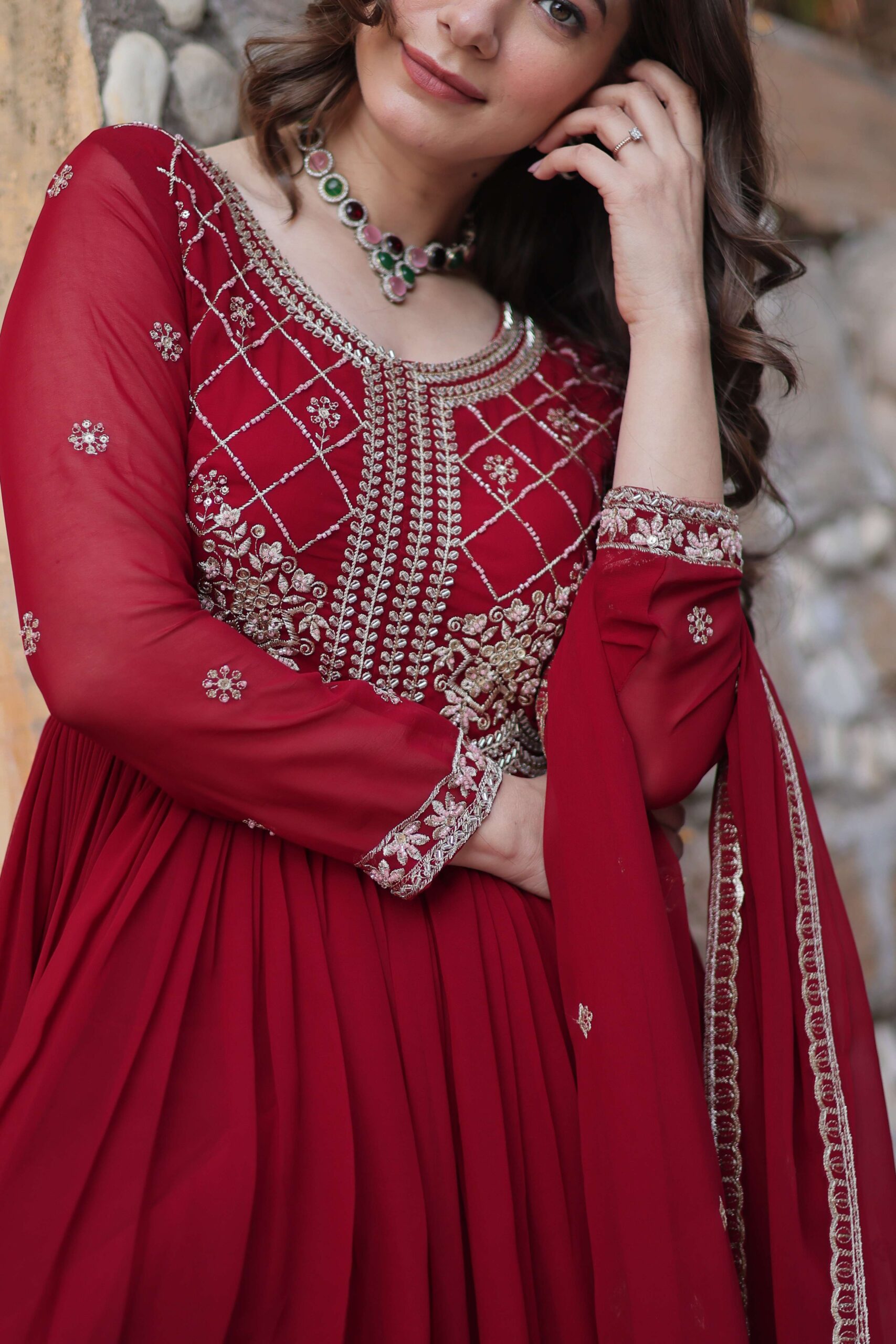 Maroon Faux Blooming Gown with Sequins & Beads Embroidered Dupatta - Image 7