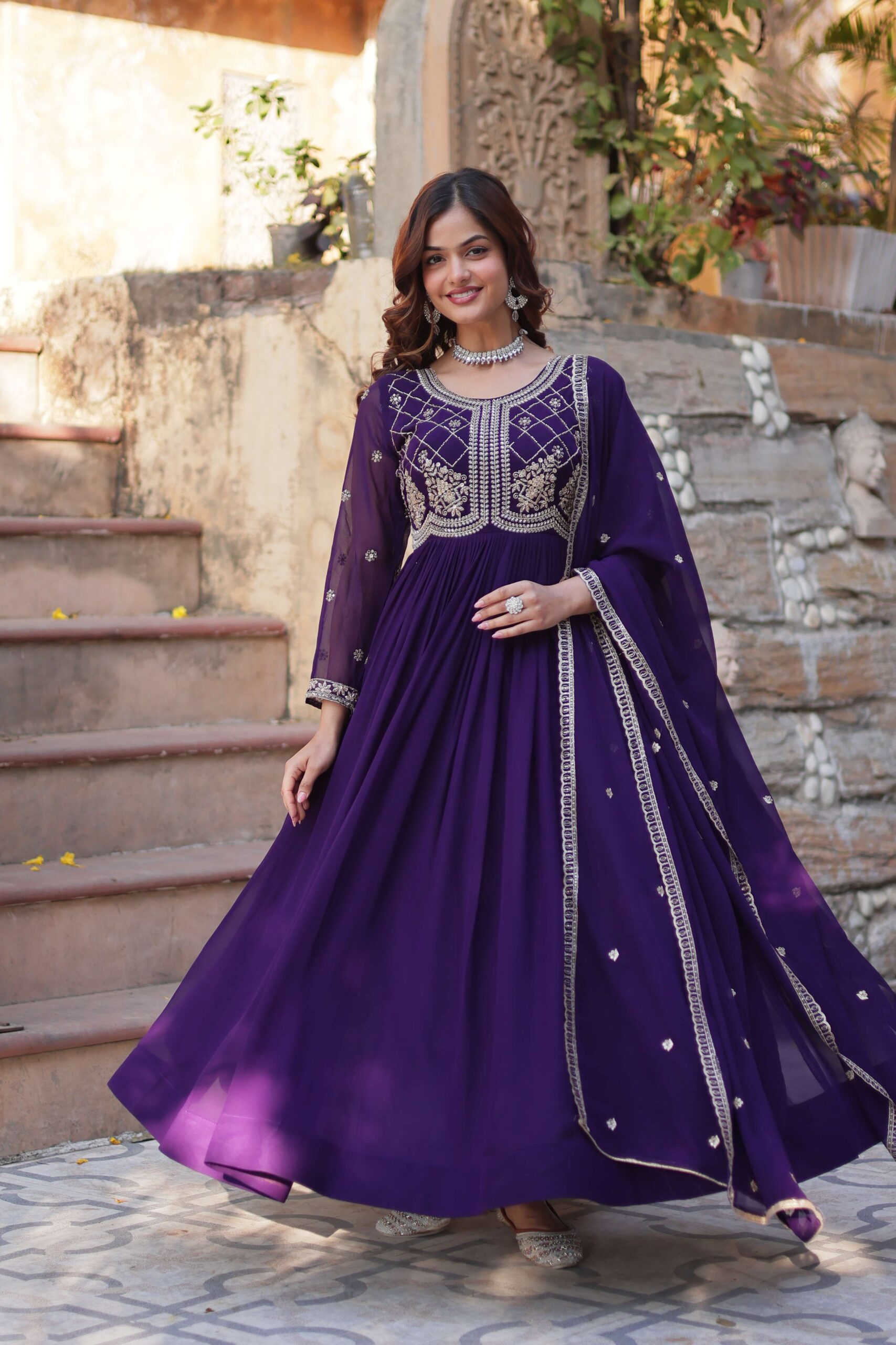 Purple Faux Blooming Gown with Sequins & Beads Embroidered Dupatta - Image 2