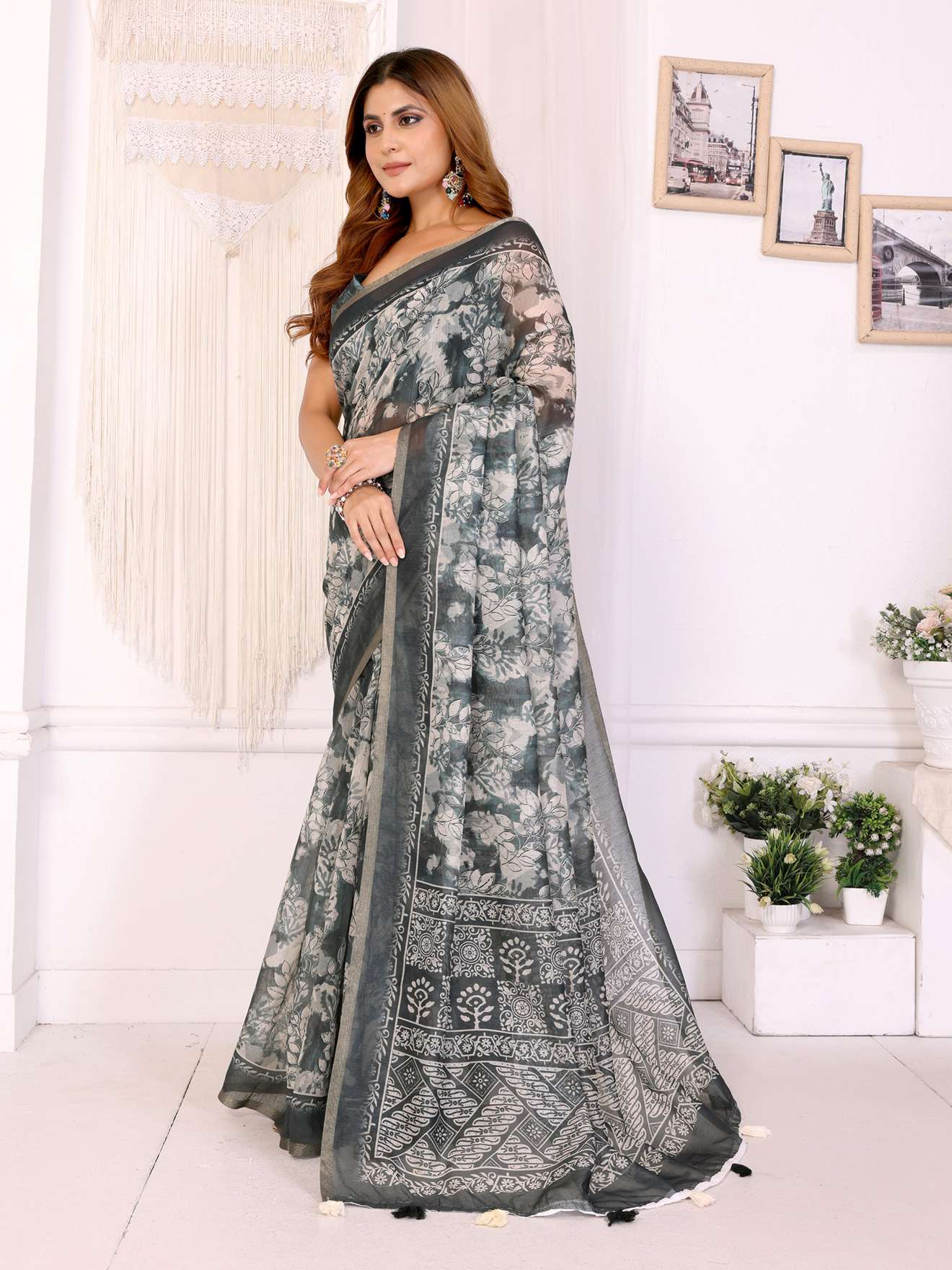 Elegant White Chanderi Saree ? Floral Digital & Ethnic Print with Tassel Border - Image 3