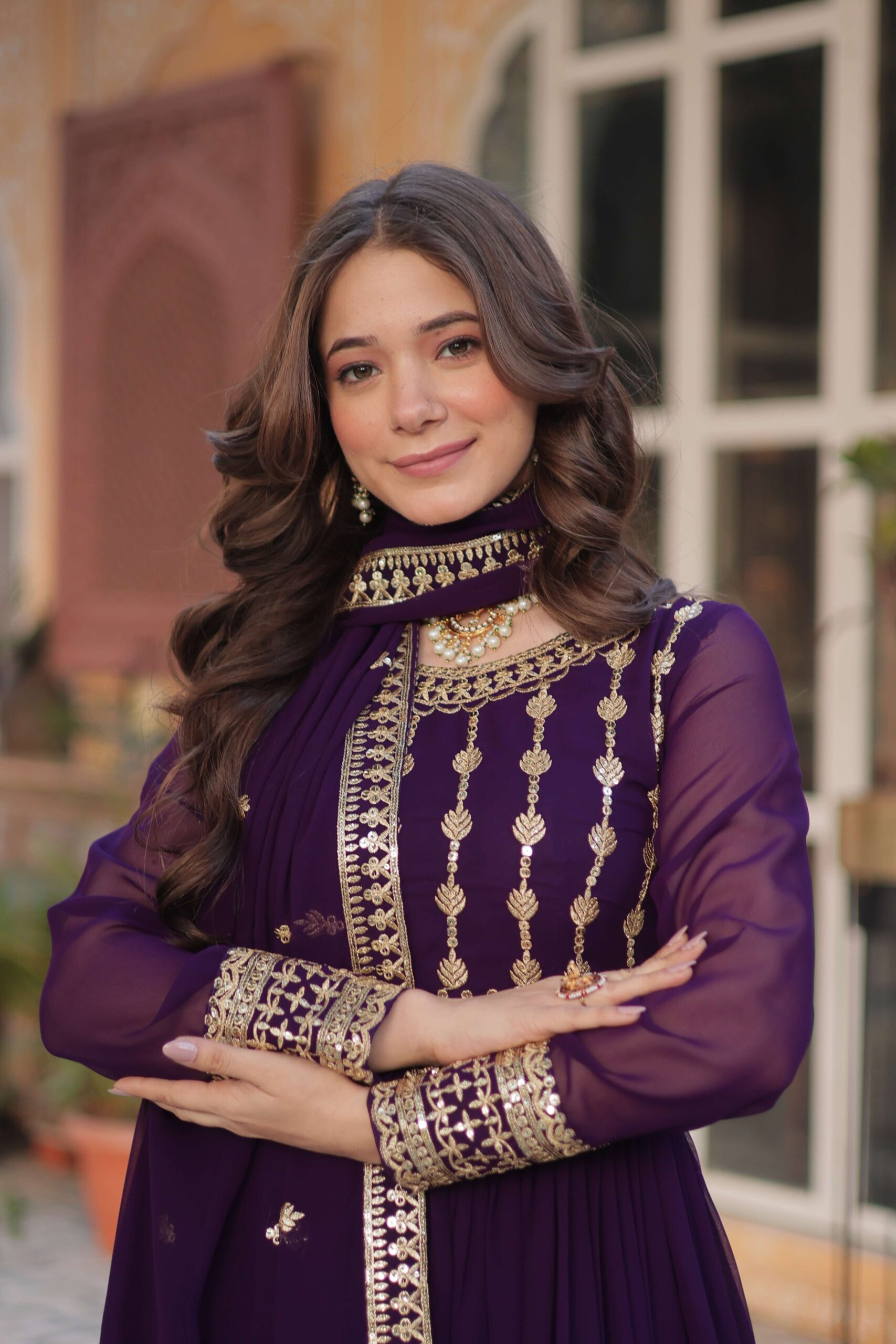 Purple Faux Blooming Gown with Zari & Sequins Embroidered Dupatta with Designer Lace Border - Image 5