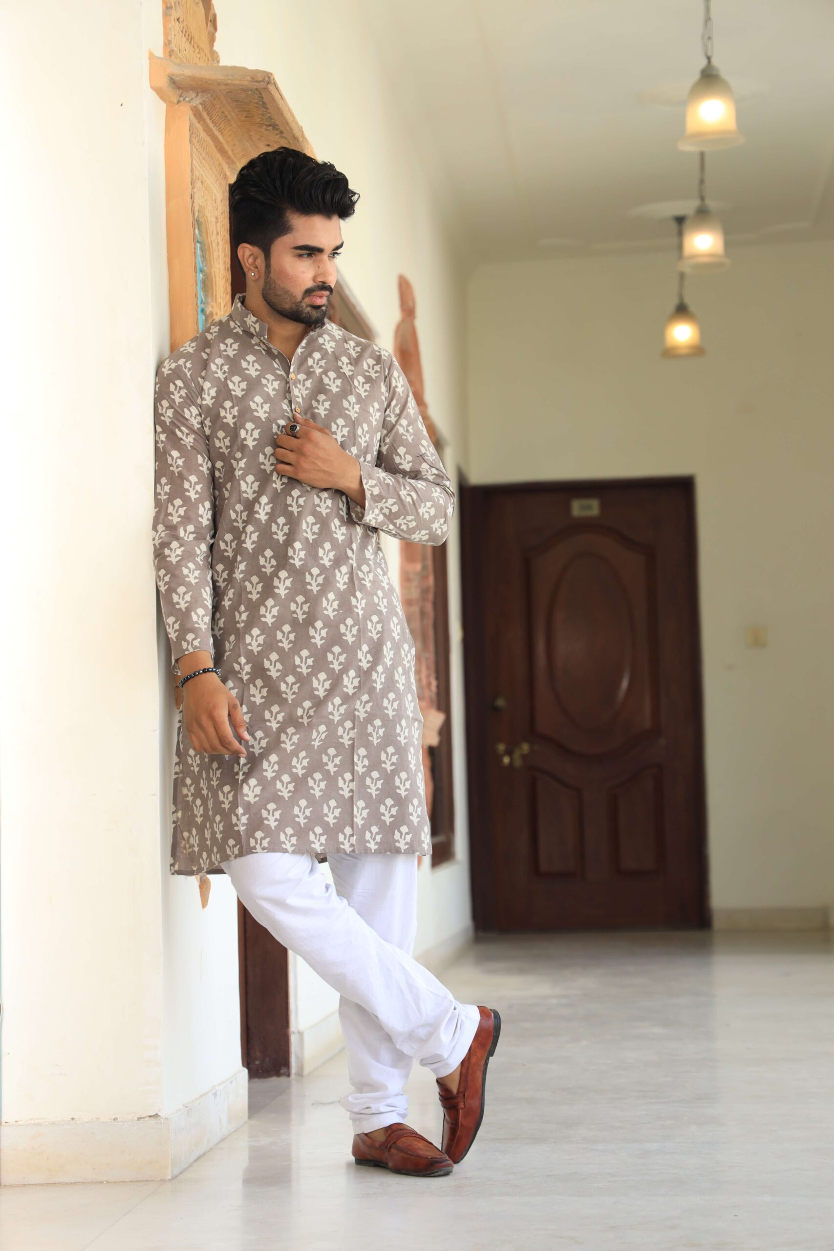 Mens Grey Printed Cotton Kurta with White Pajama ? Traditional Ethnic Wear for Festive & Wedding - Image 3