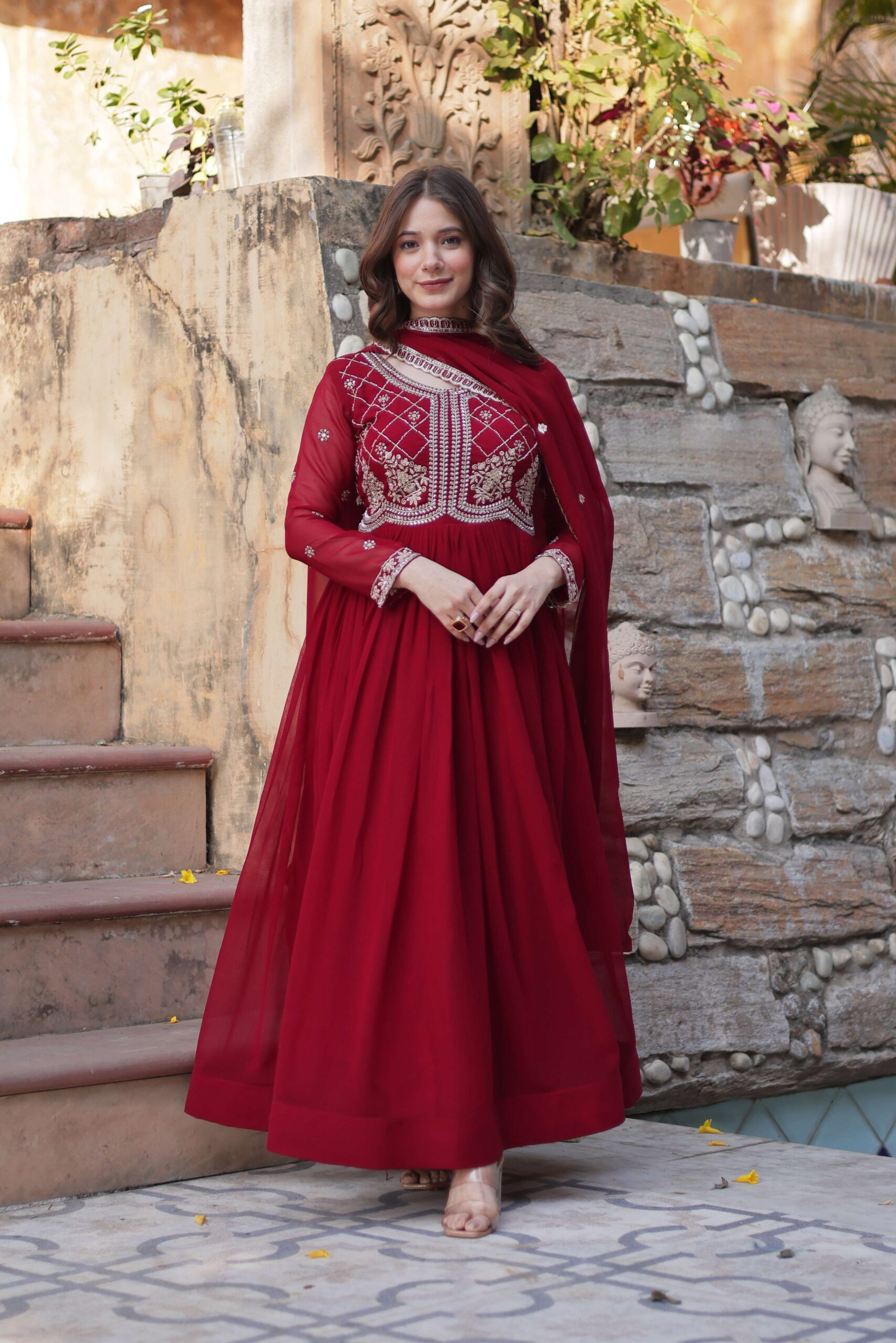 Maroon Faux Blooming Gown with Sequins & Beads Embroidered Dupatta