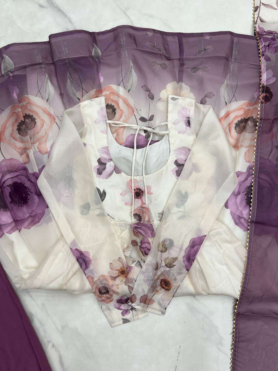 Womens Pure Romansilk Chanderi Floral Printed Anarkali Kurti With Dupatta & Pant Set - Image 4