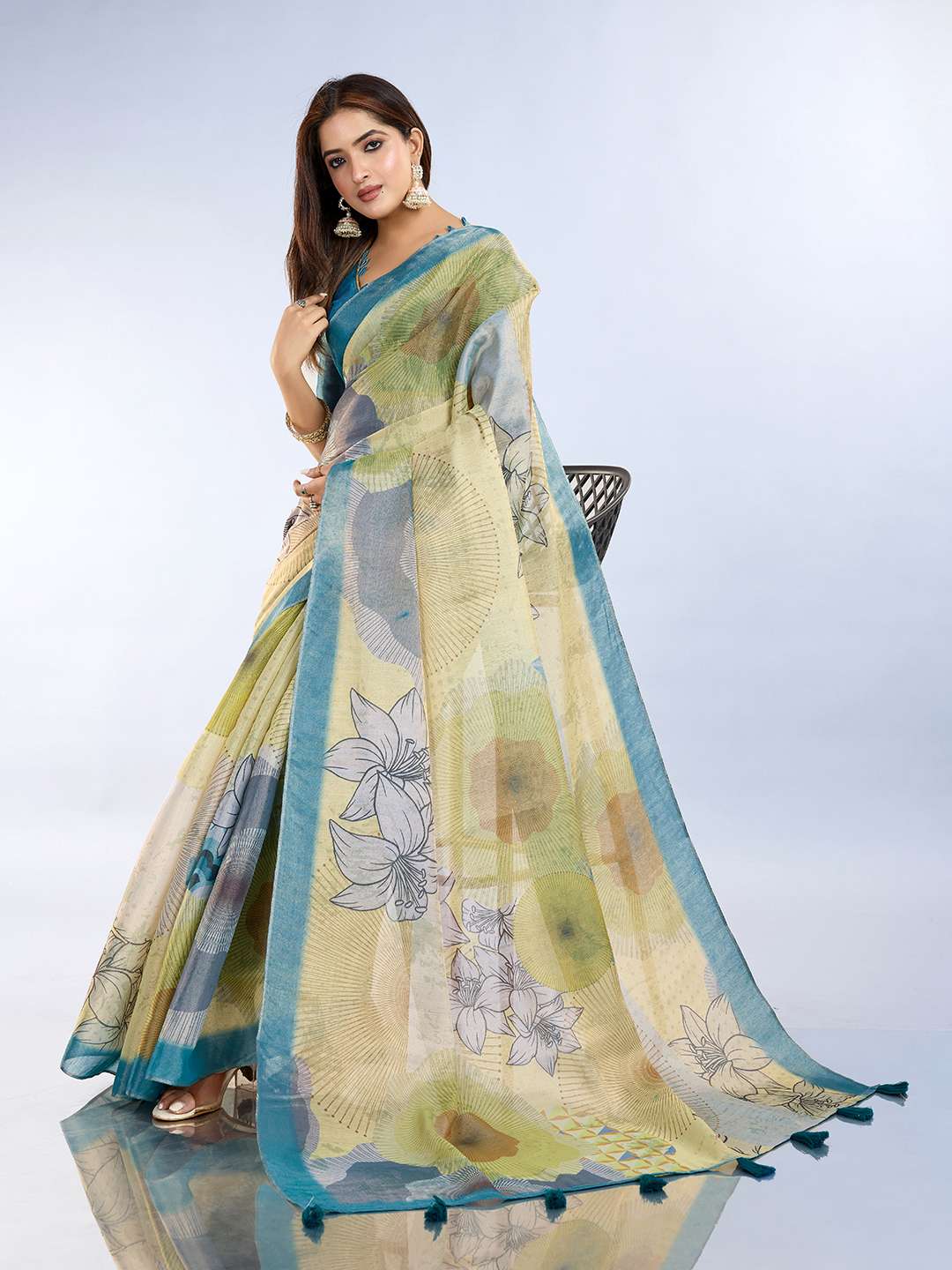 Elegant Teal Green and Mauve Pink Linen Saree with Geometric and Floral Prints