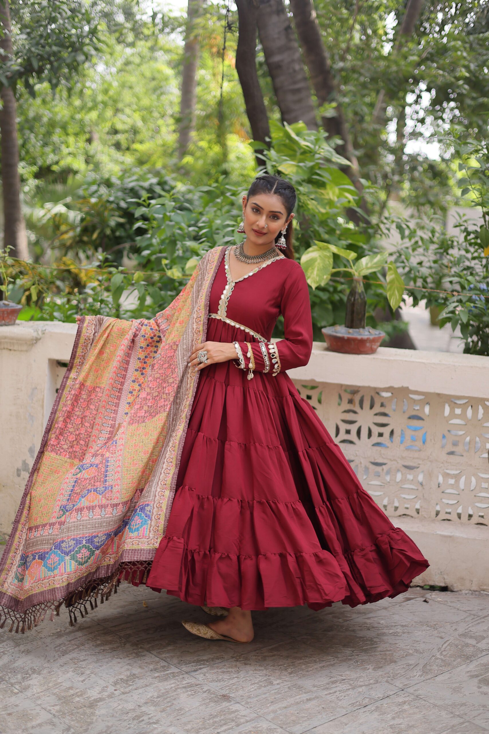 Maroon Gown with Dupatta ? Frill Stitching & Mirror Lace Work Ethnic Set for Women