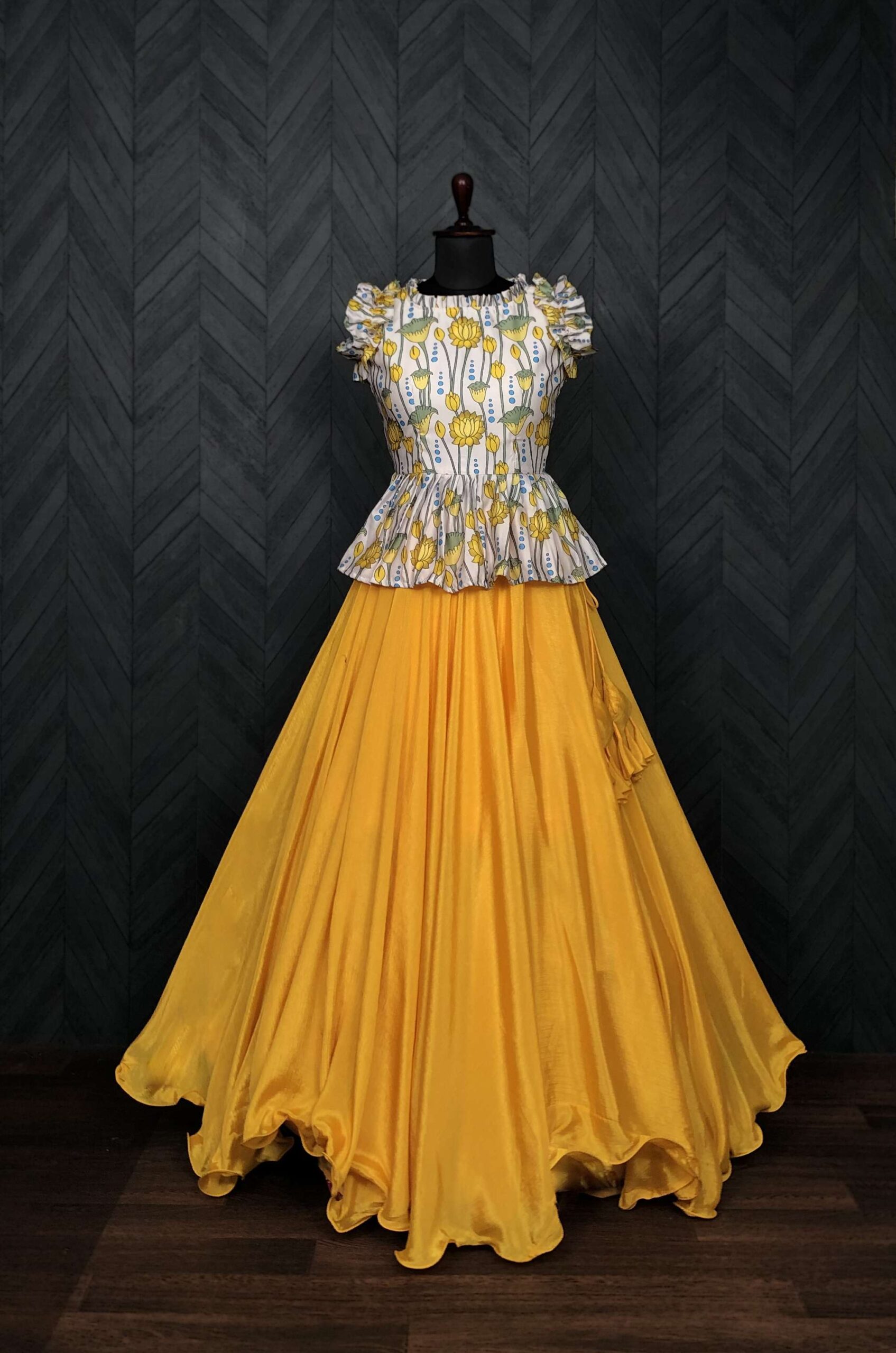 Premium Chinnon Lehenga with Kalamkari Print Maslin Satin Peplum Blouse - Image 2