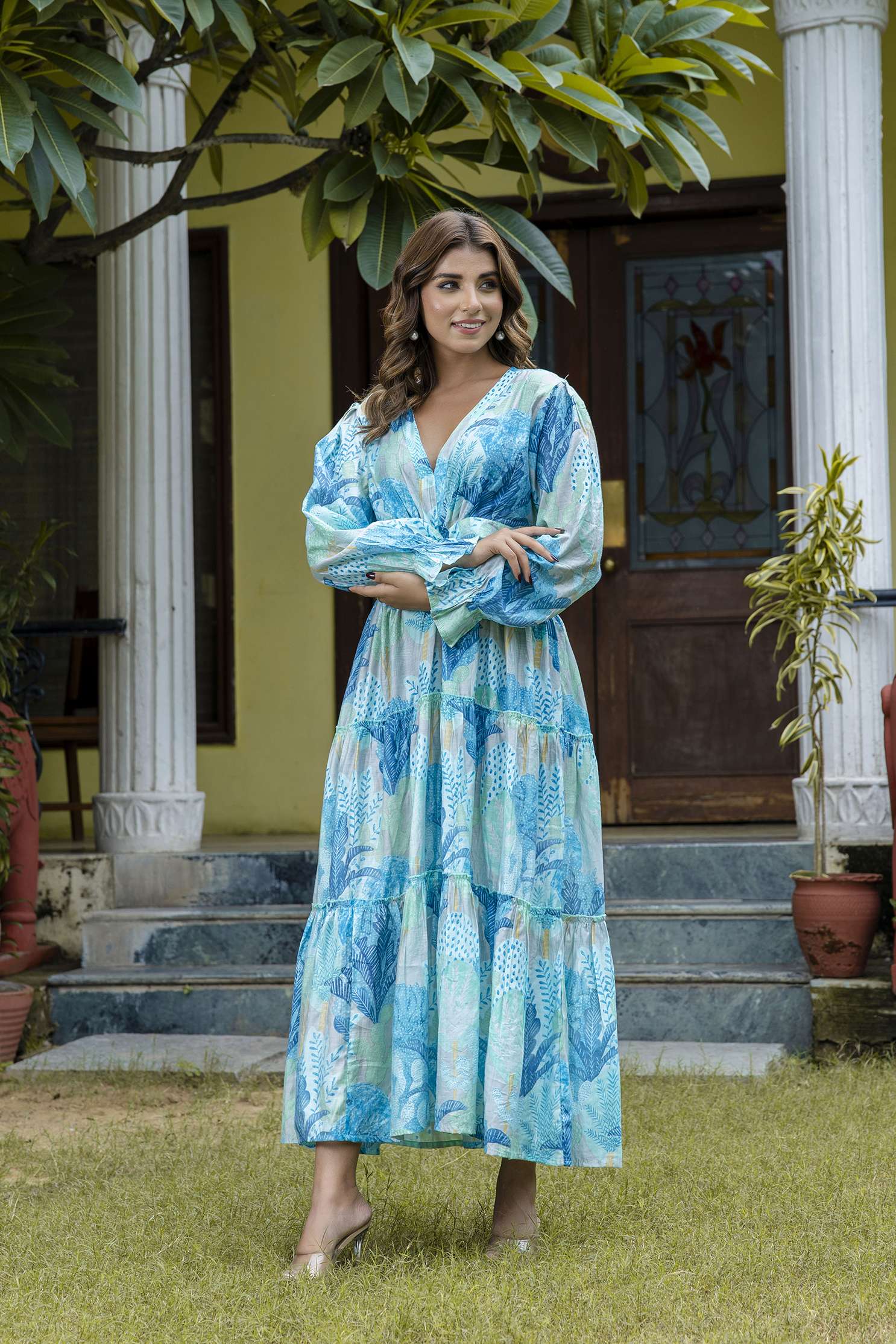 Women's Silk Printed V-Neck Long Bell Sleeves Tiered Maxi Dress Gown - Image 6