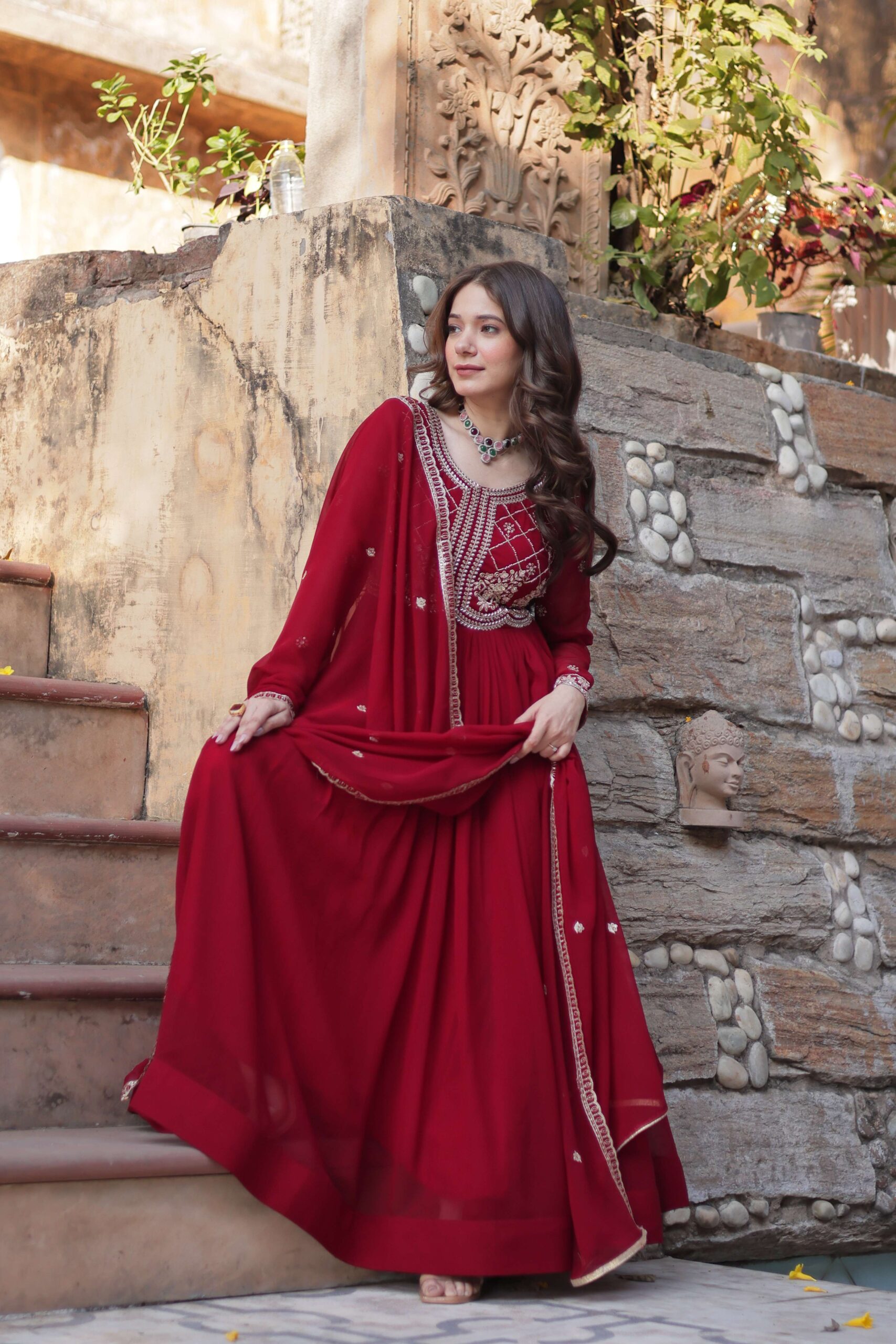 Maroon Faux Blooming Gown with Sequins & Beads Embroidered Dupatta - Image 5