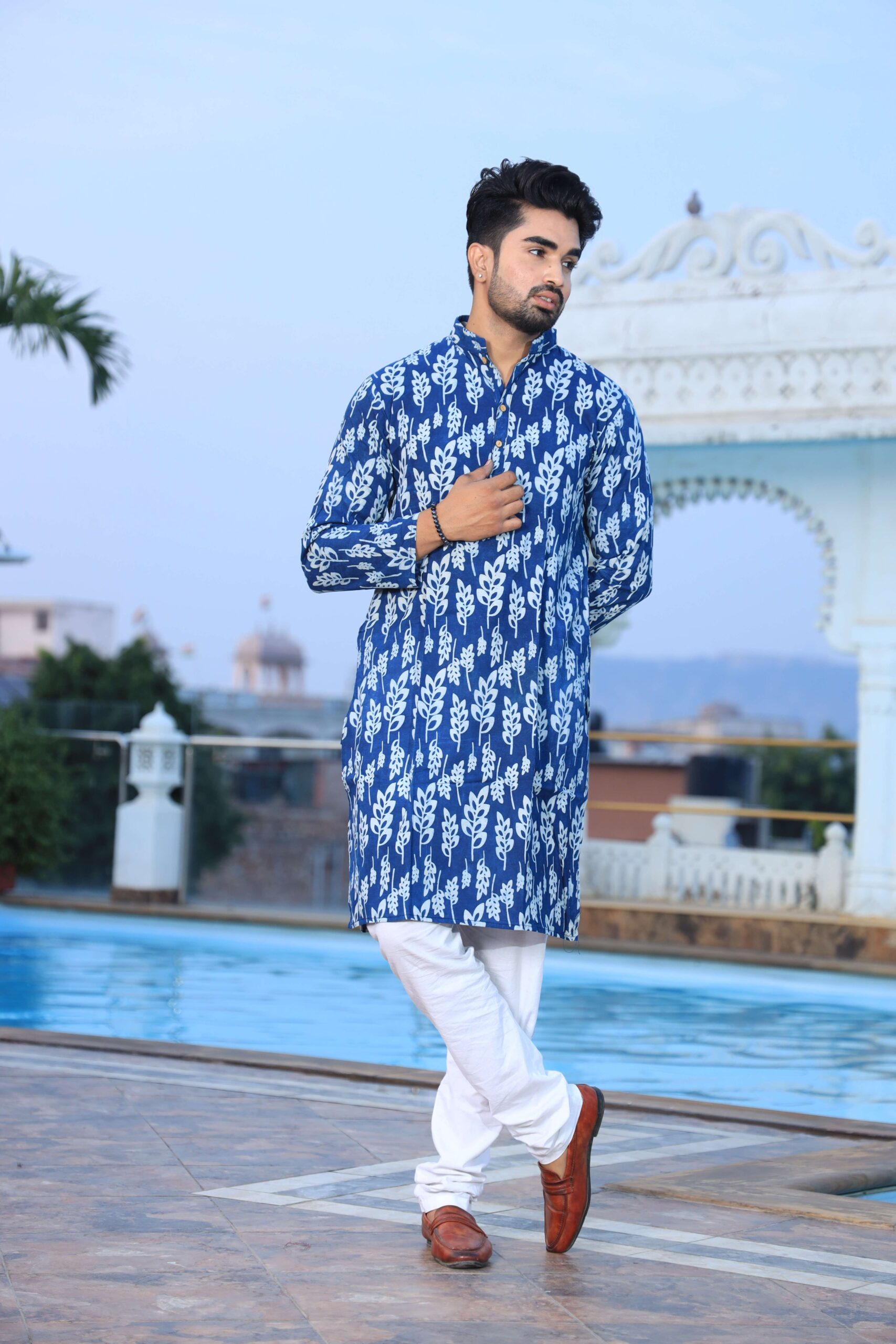 Mens Blue Printed Cotton Kurta with White Pajama ? Elegant Traditional & Ethnic Wear - Image 3