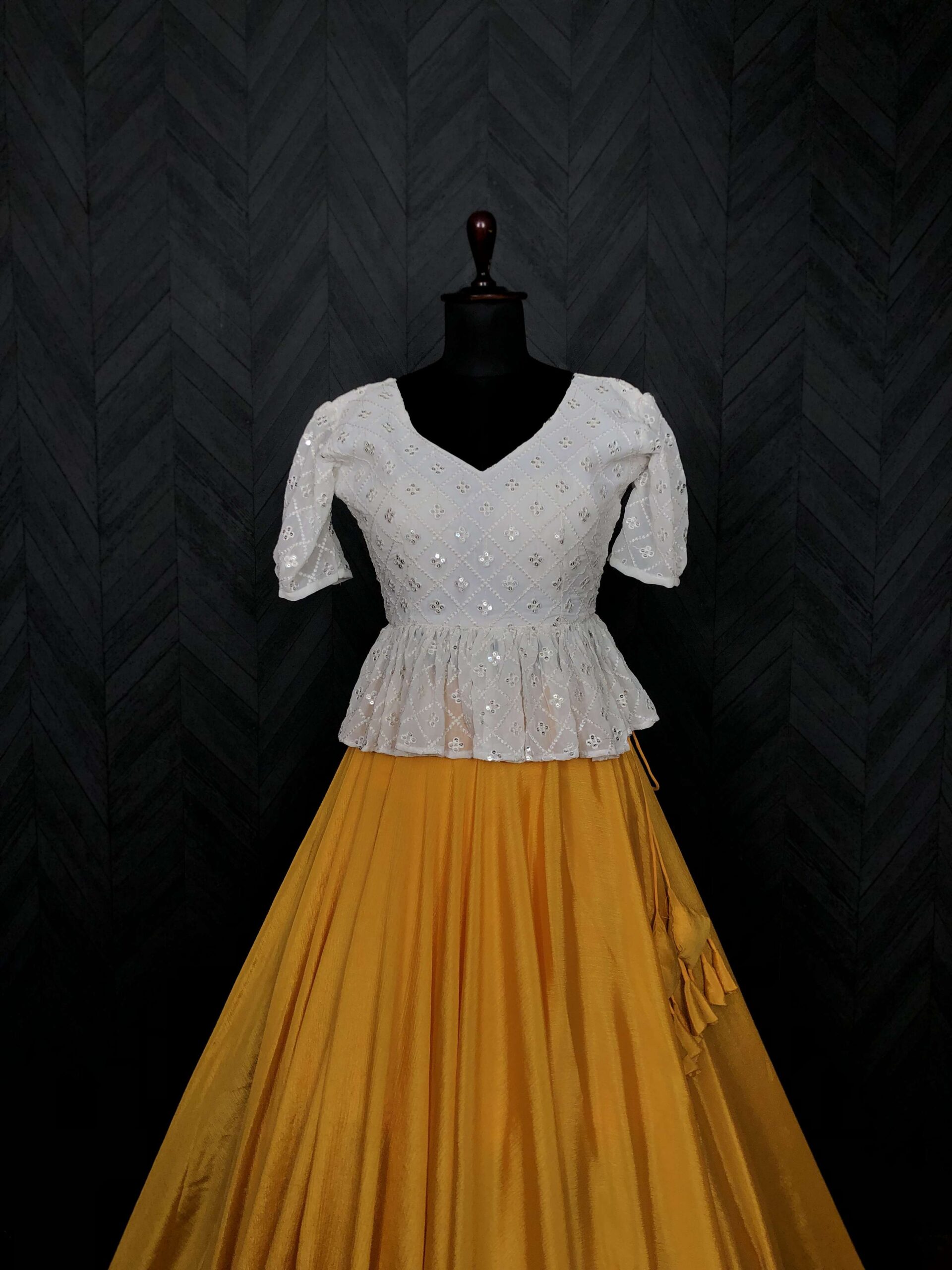 Premium Chinnon Umbrella Flair Lehenga with Chikankari Embroidered Peplum Blouse - Image 2