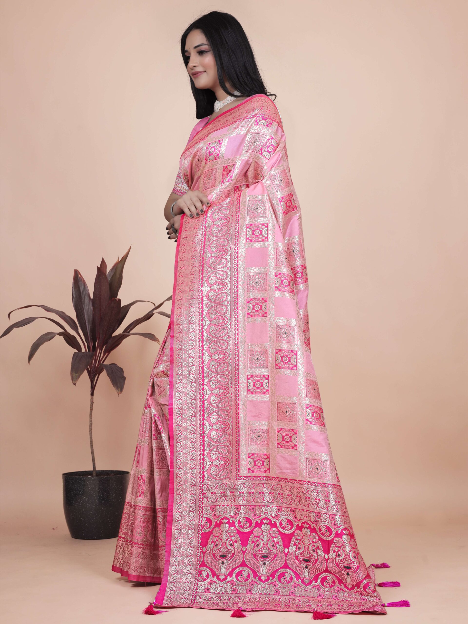Baby Pink Banarasi Silk Saree with Silver Zari Weaving | Wedding & Festive Wear | Elegant Traditional Designer Saree - Image 3