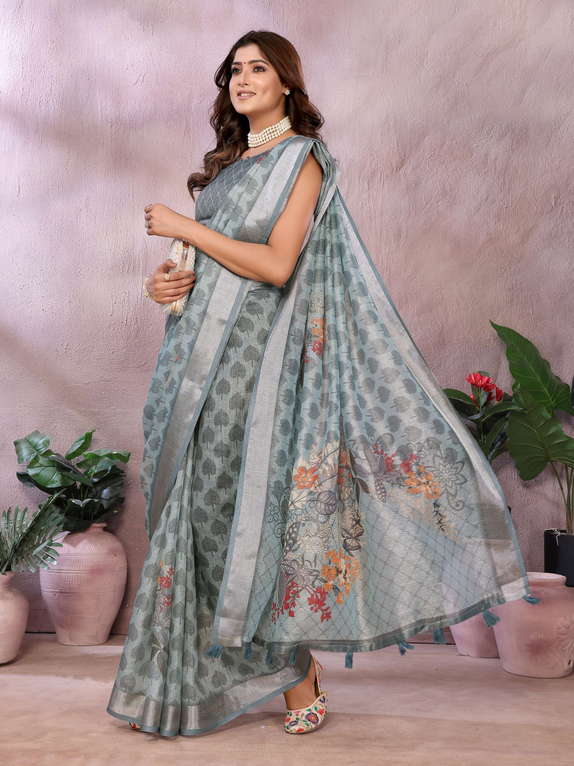 Aqua Blue Woven Floral Saree with Brocade Border - Image 3
