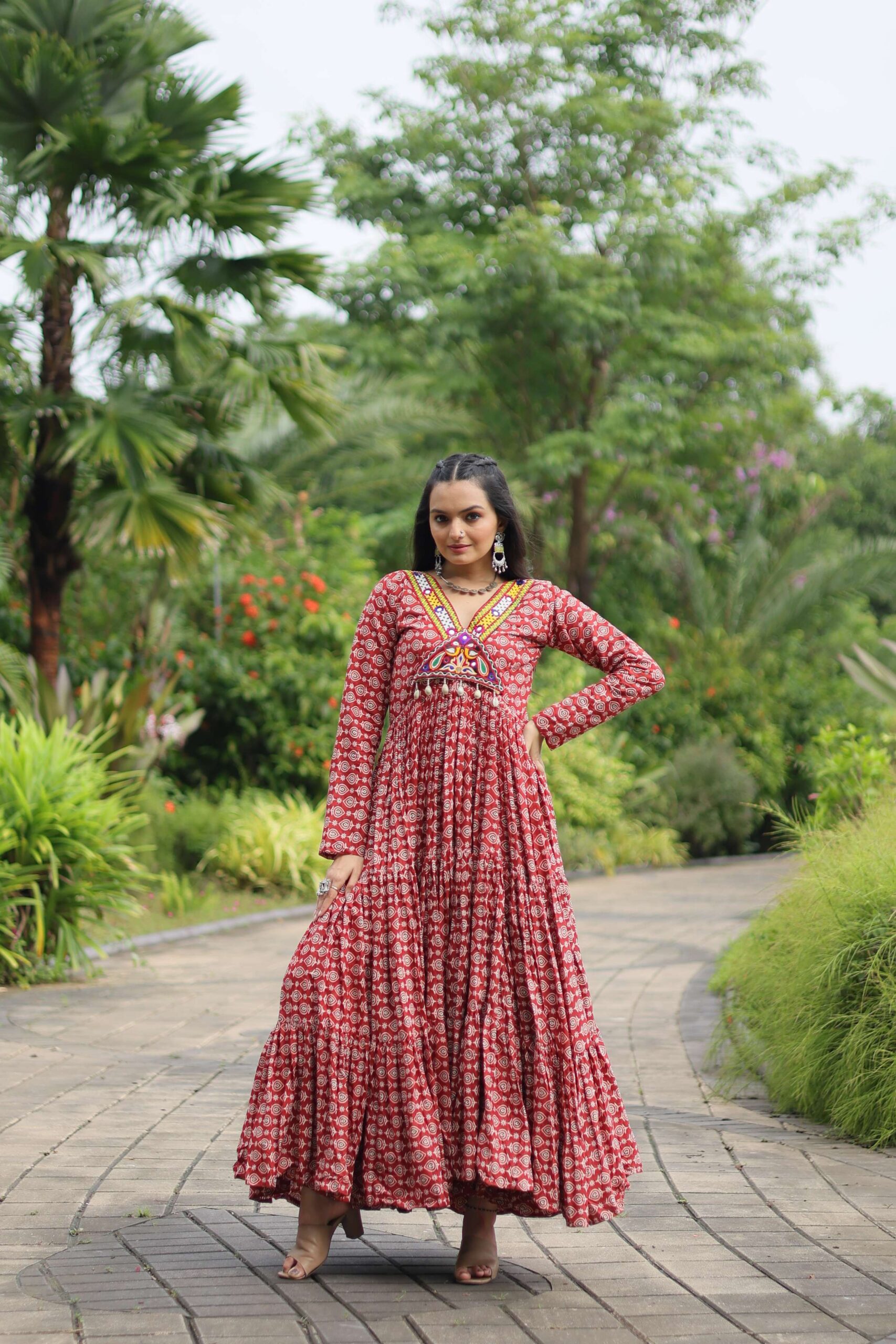 Maroon Designer Printed Cotton Gown with Kutchi Gamthi Lace & Kodi Work - Image 7