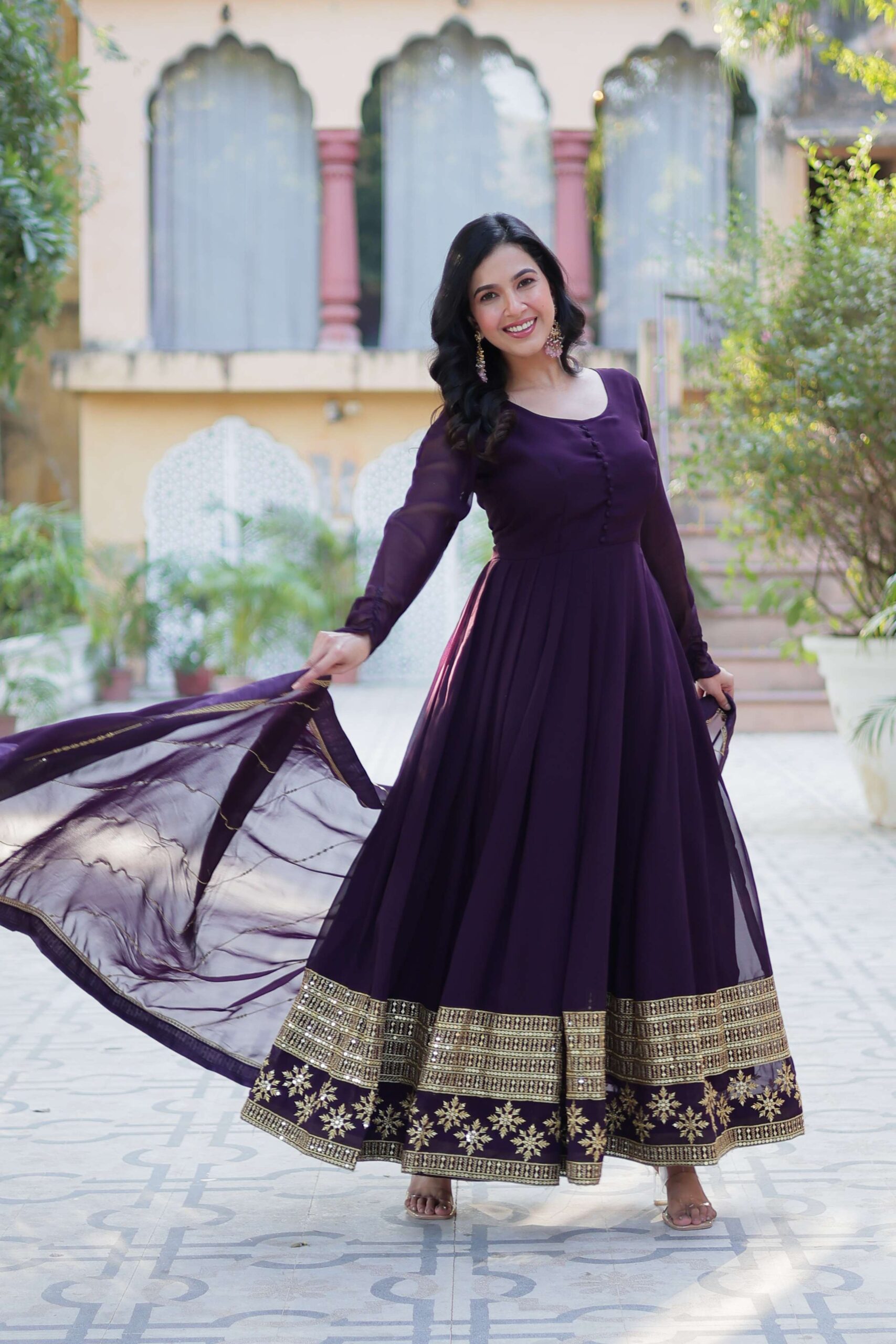 Wine Faux Blooming Gown with Multi-Sequins Embroidered Dupatta - Image 4
