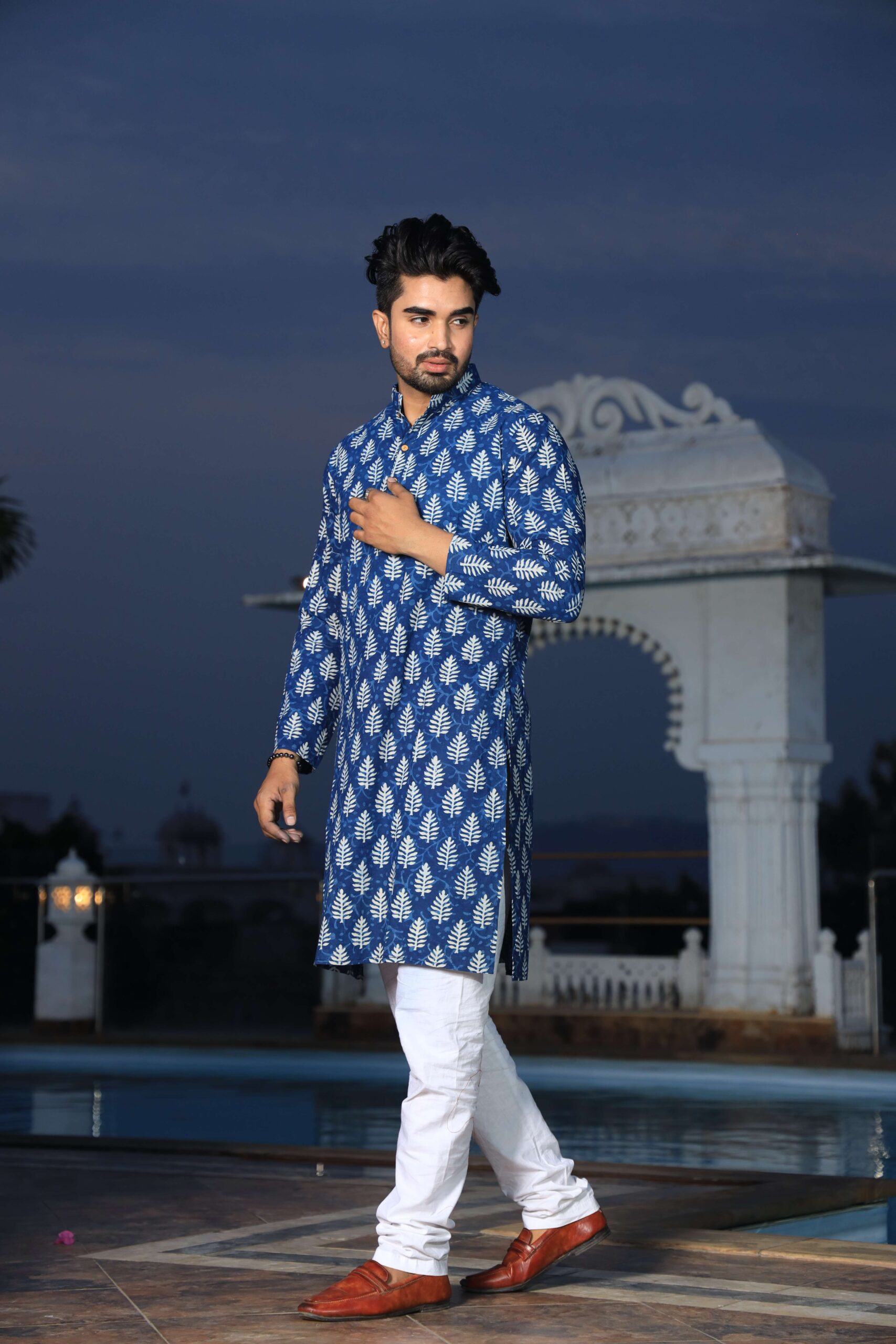 Mens Blue Printed Cotton Kurta with White Pajama ? Elegant Traditional & Ethnic Wear - Image 2