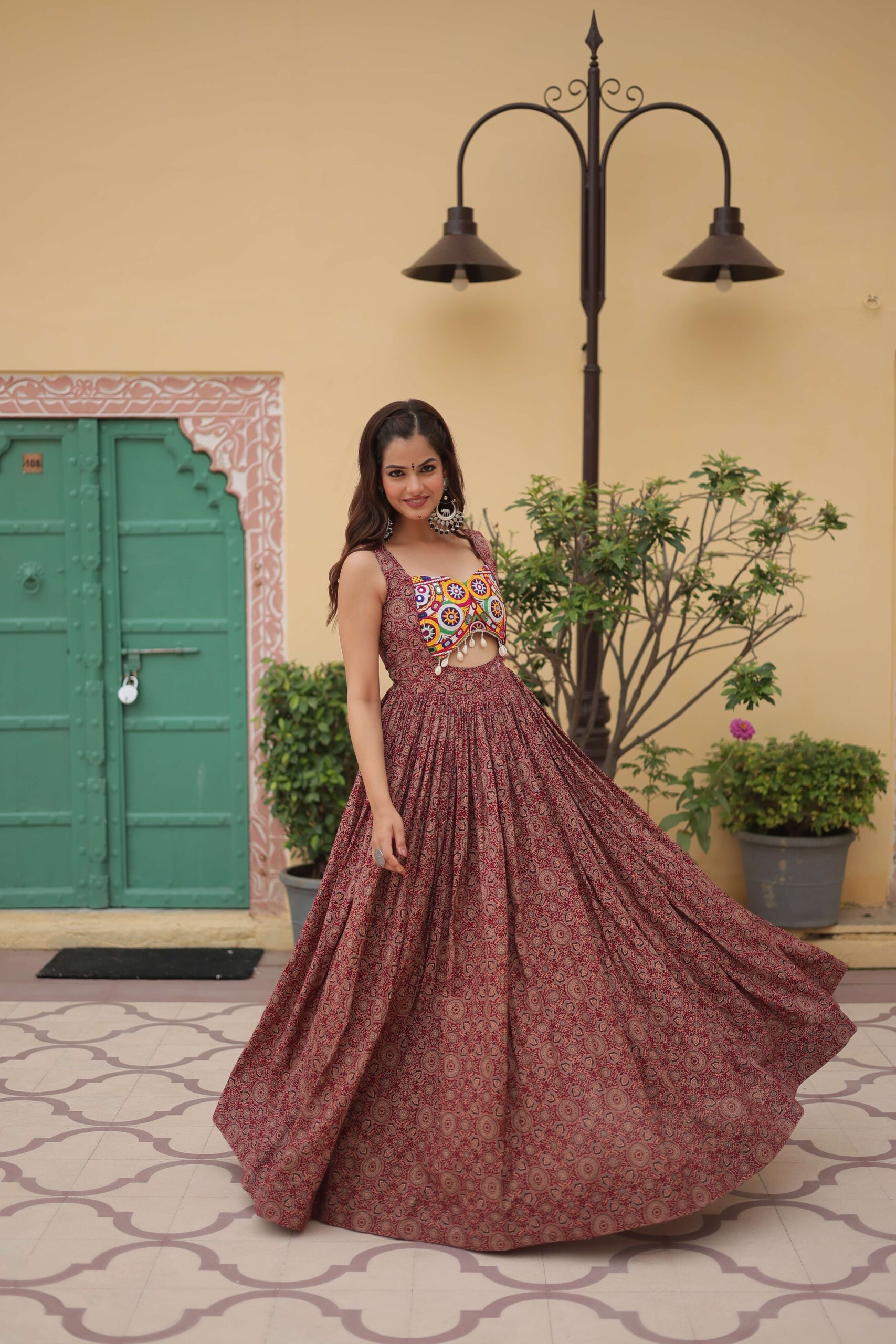 Maroon Faux Georgette Designer Gown ? Fully Flared Elegant Party & Wedding Set - Image 8