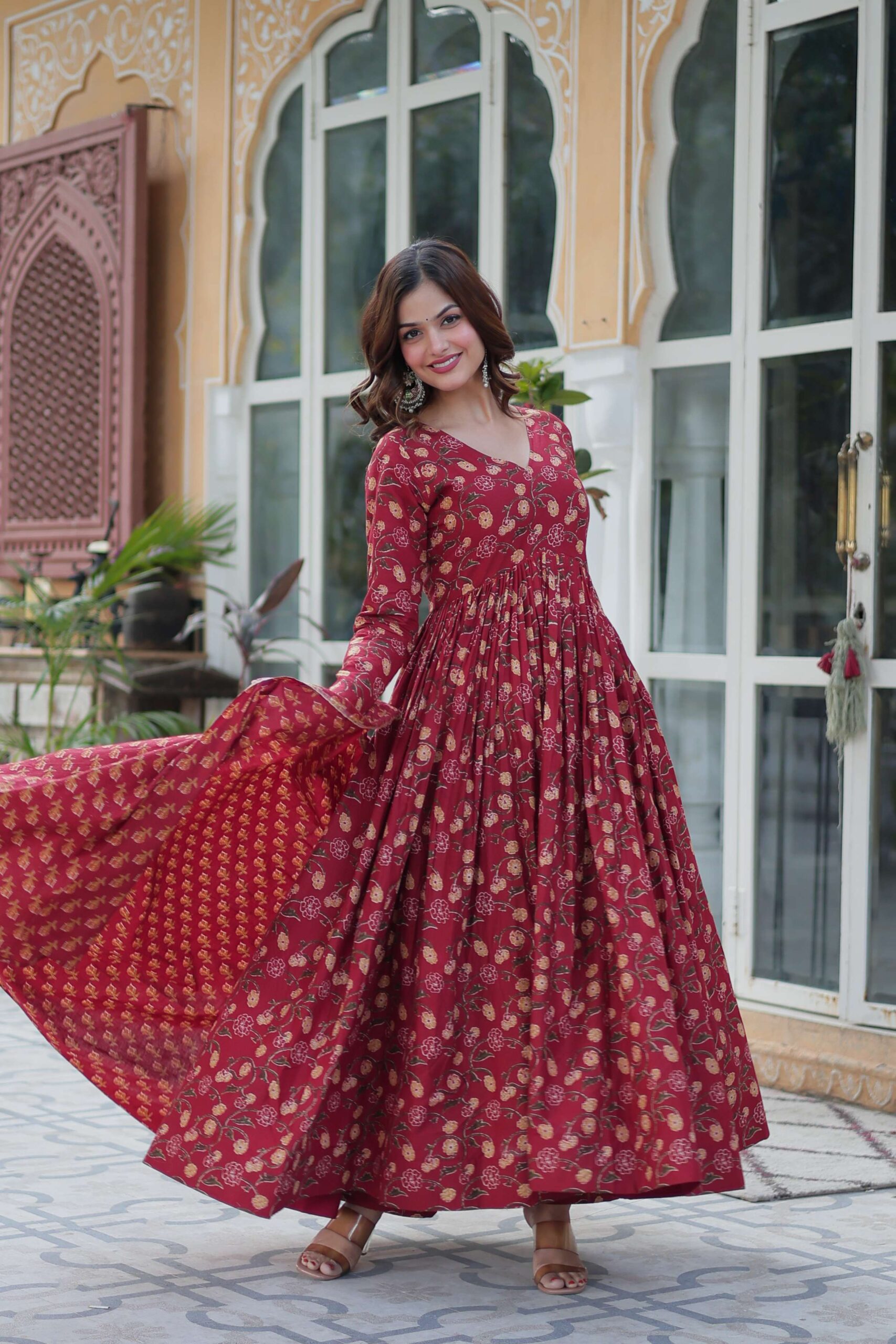 Maroon Premium Cotton Gown with Pant & Dupatta Set - Image 7