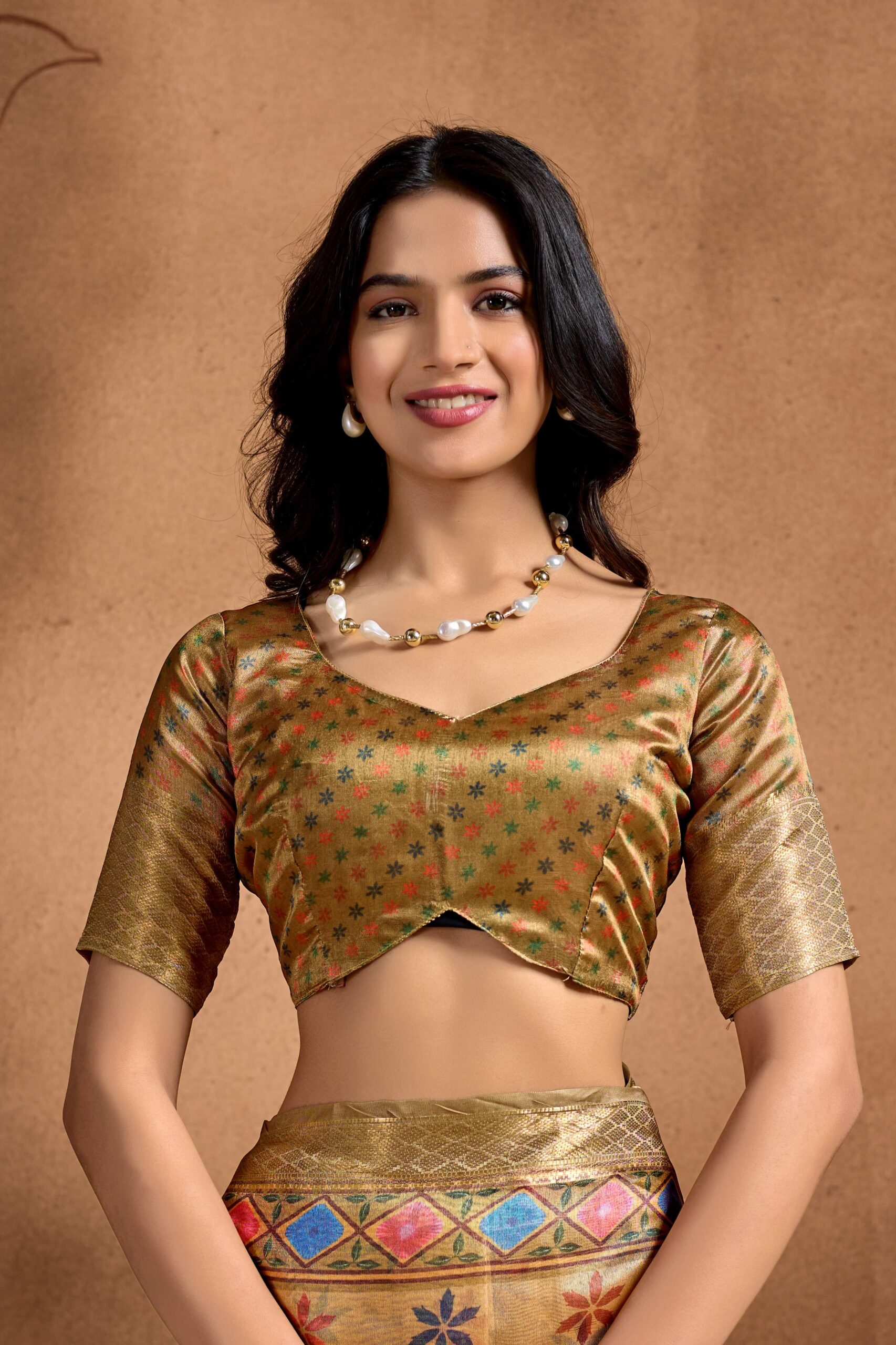 Golden Soft Silk Blend Saree with Multicolor Floral & Geometric Weave - Image 6