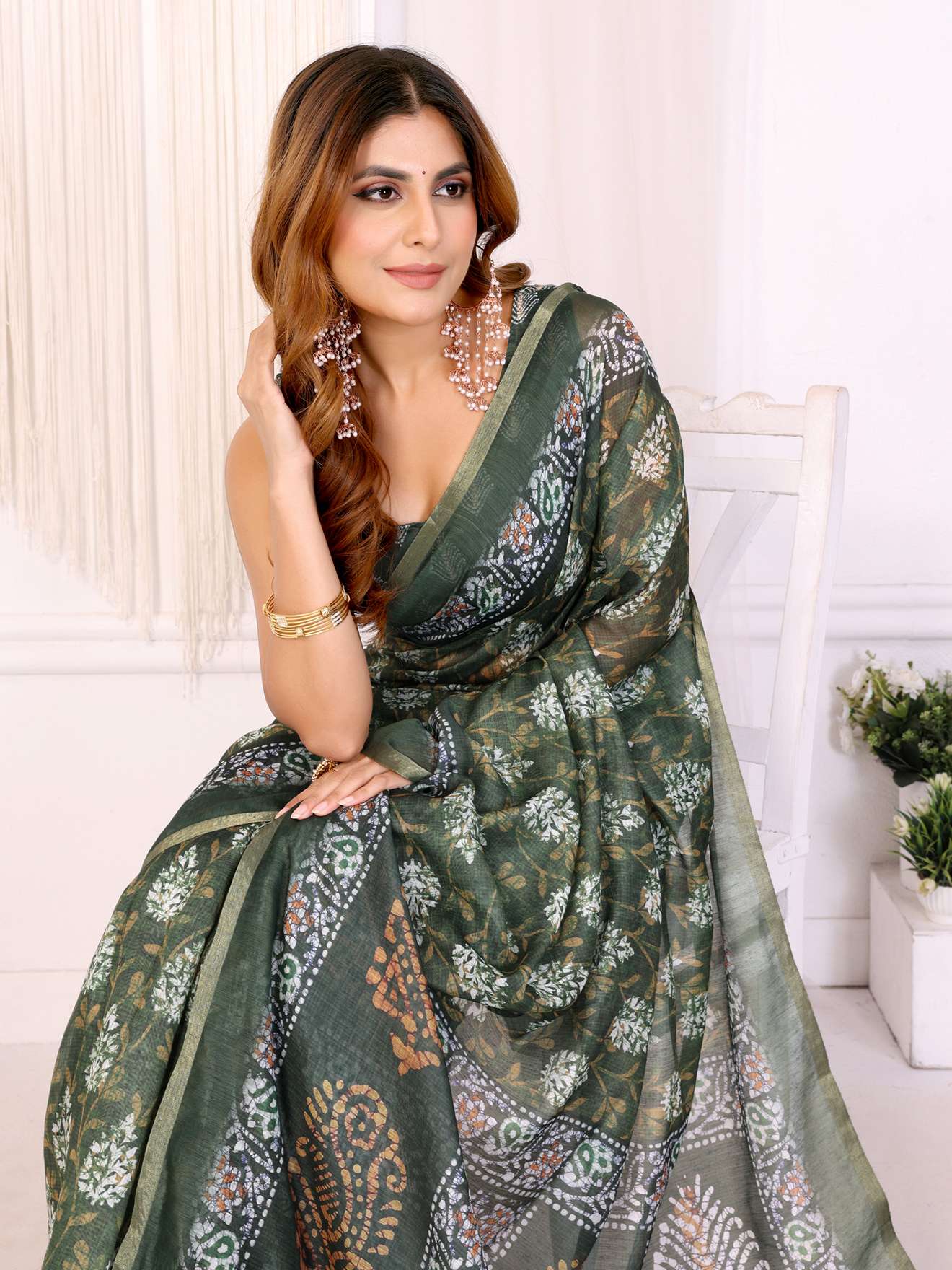 Elegant Deep Olive Green Chanderi Saree with Pastel Digital Floral Print ? Festive & Stylish - Image 2