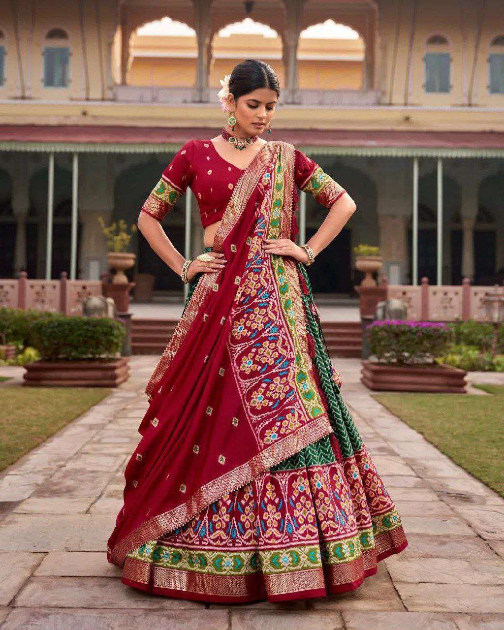 Dark Green Tussar Silk Lehenga Choli with Maroon Blouse | Patola Print & Foil Work | Wedding & Festive Wear - Image 2