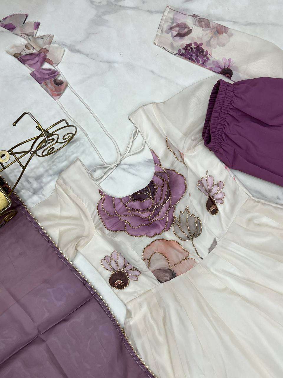 Womens Pure Romansilk Chanderi Floral Printed Anarkali Kurti With Dupatta & Pant Set - Image 5