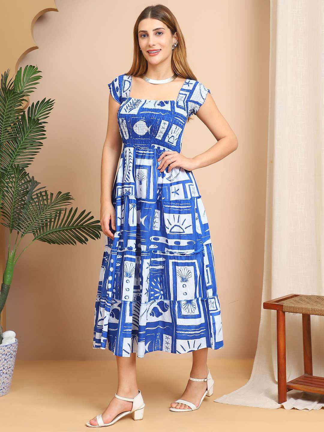 Women's Viscos Rayon Printed Off Shoulder Midi Dress For Summer And Casual Wear (Blue White)