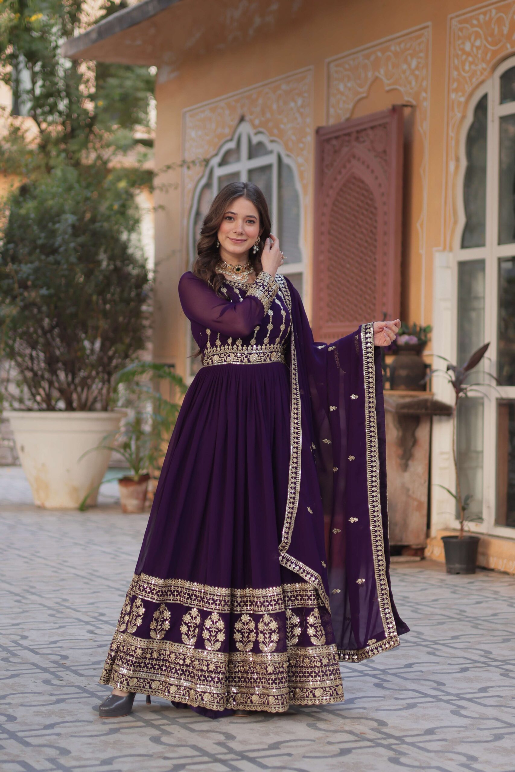 Purple Faux Blooming Gown with Zari & Sequins Embroidered Dupatta with Designer Lace Border - Image 8