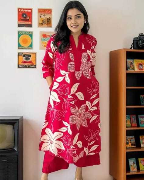 Women's Cotton Floral Printed Straight Kurti With Pant Set