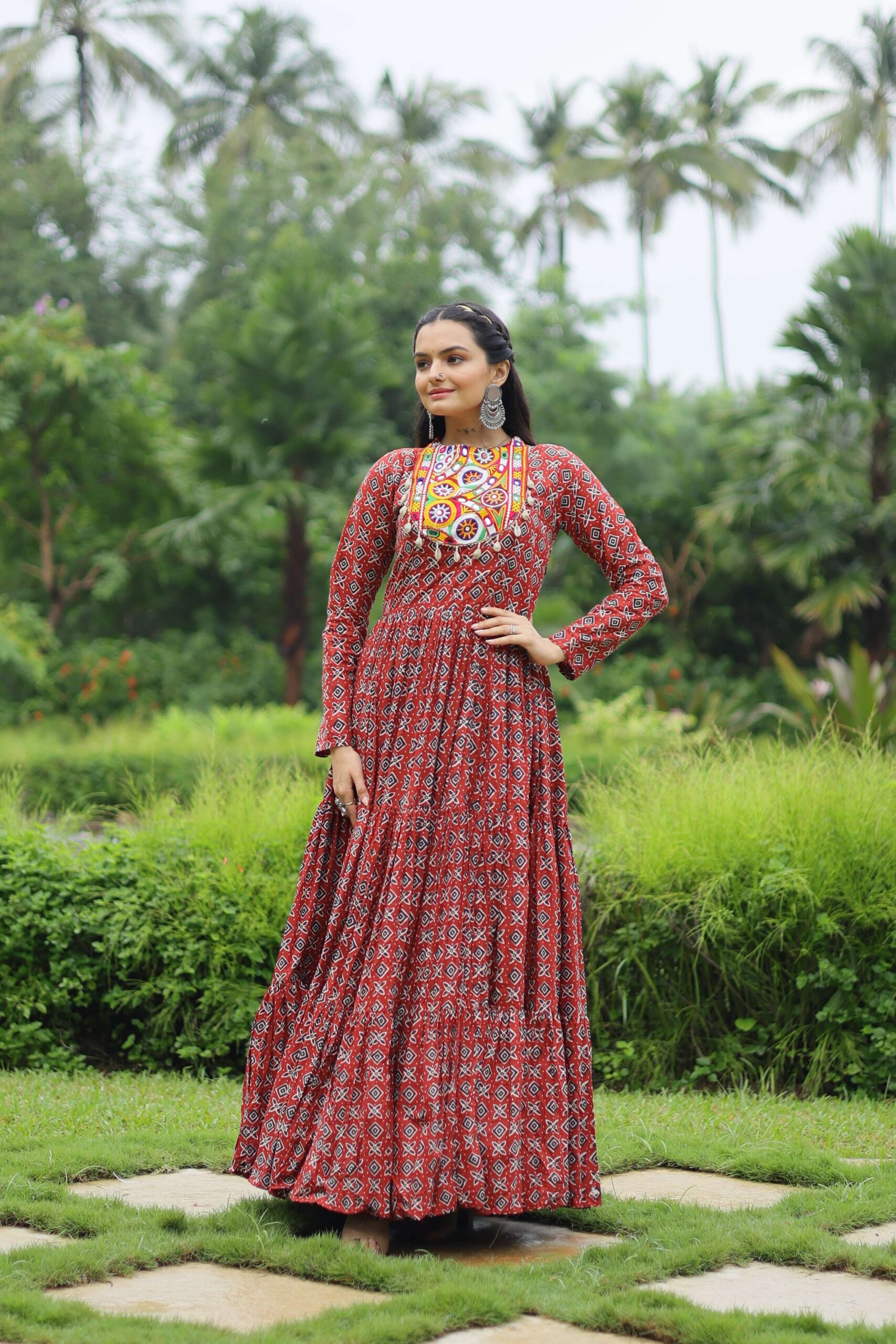 Maroon Designer Printed Cotton Gown with Kutchi Gamthi Lace & Kodi Work ? Maroon - Image 8