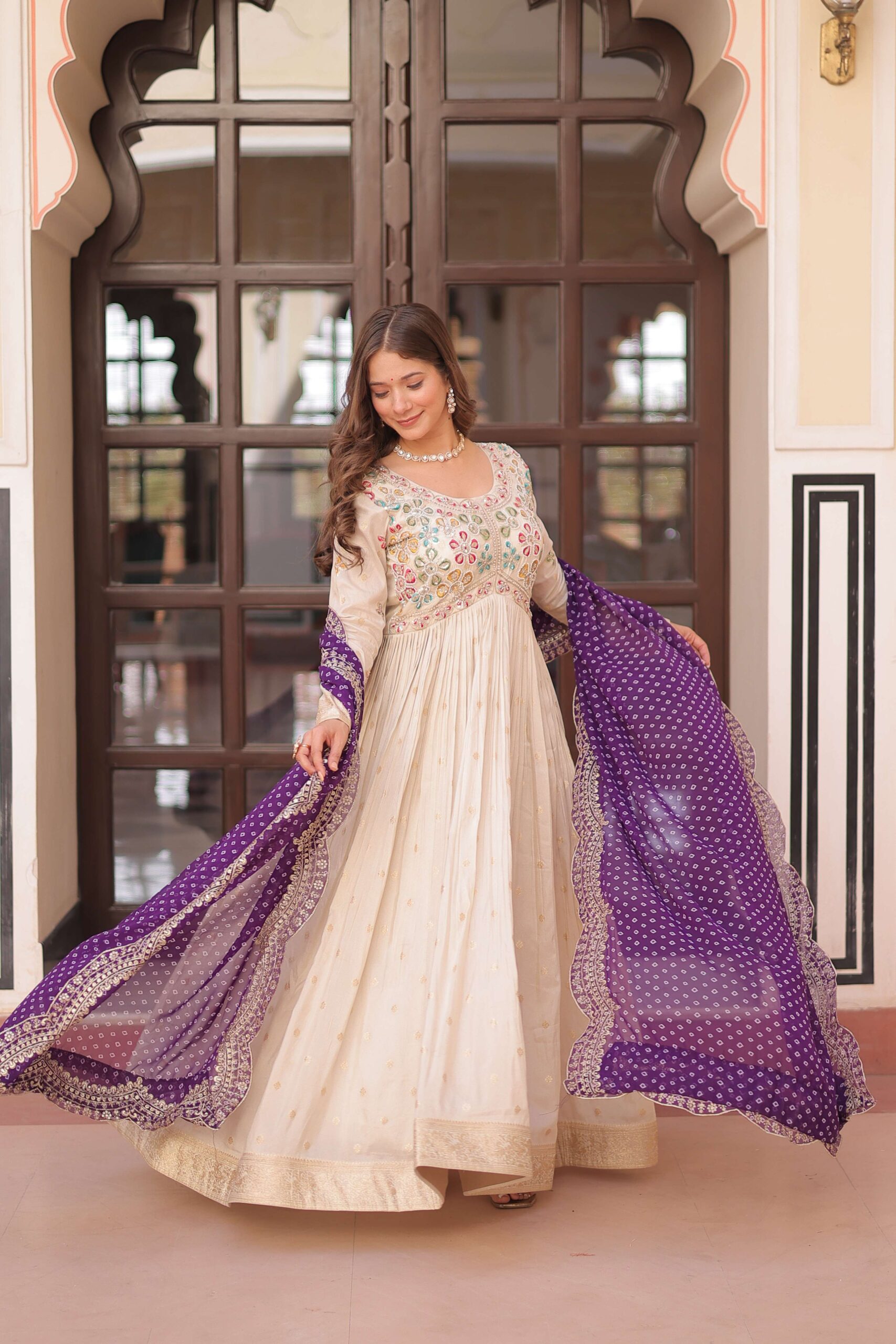 Purple Premium Cosmos Jequard Gown with Bandhani Printed Embroidered Dupatta ? Collection - Image 6